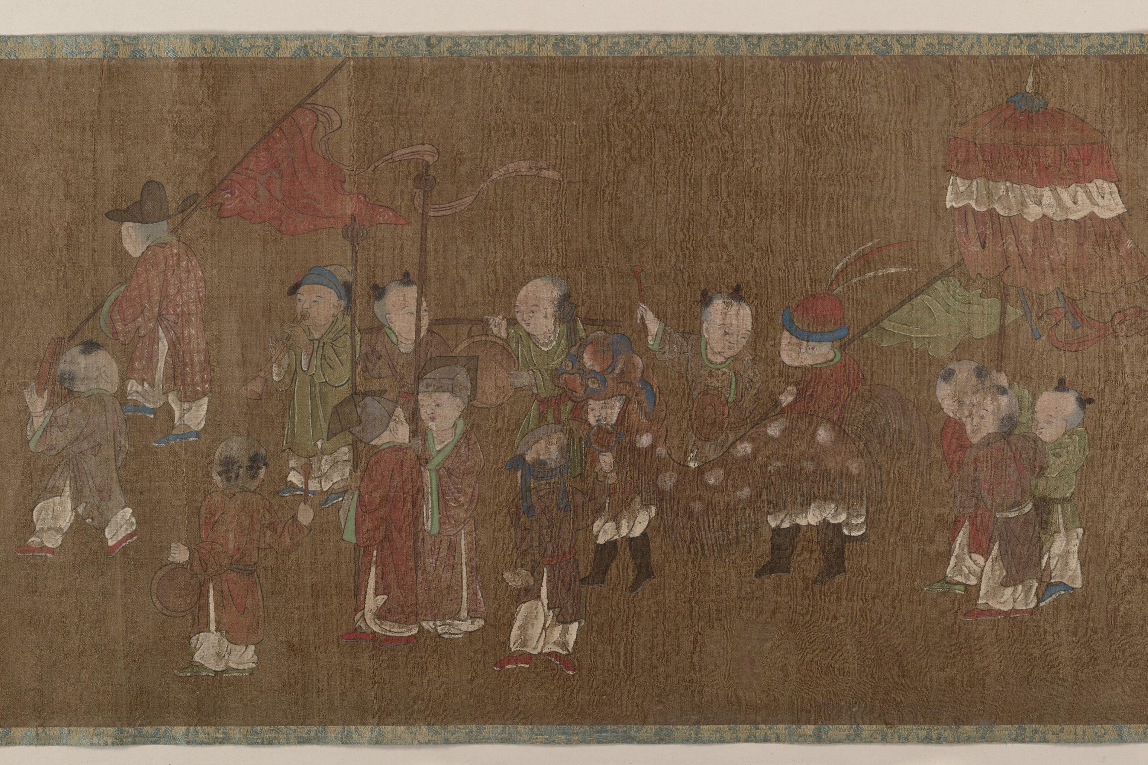 Ancient Chinese painting of a procession with figures holding banners and an umbrella on a brown scroll background.