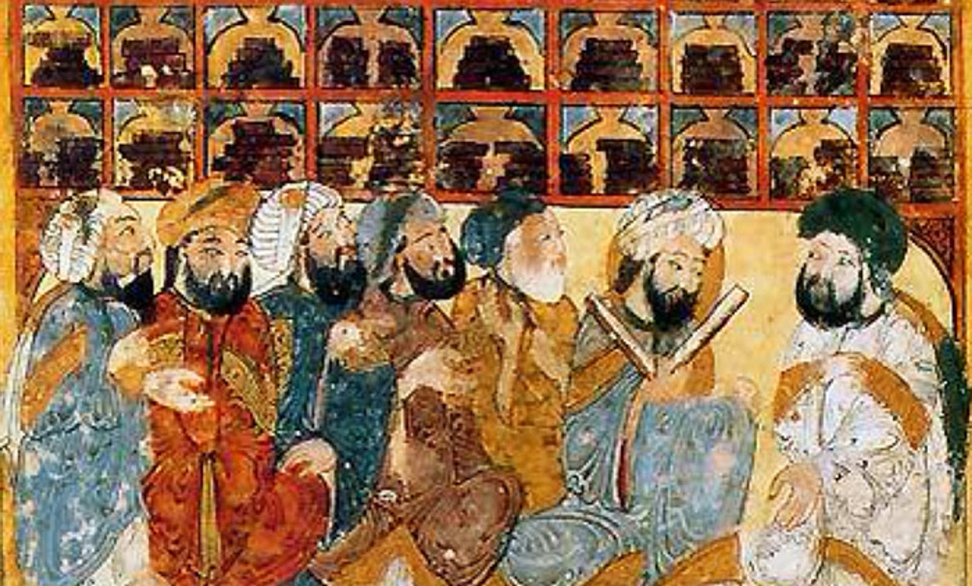 Painting of seven men in robes and turbans engaged in discussion, with bookshelves in the background filled with books.