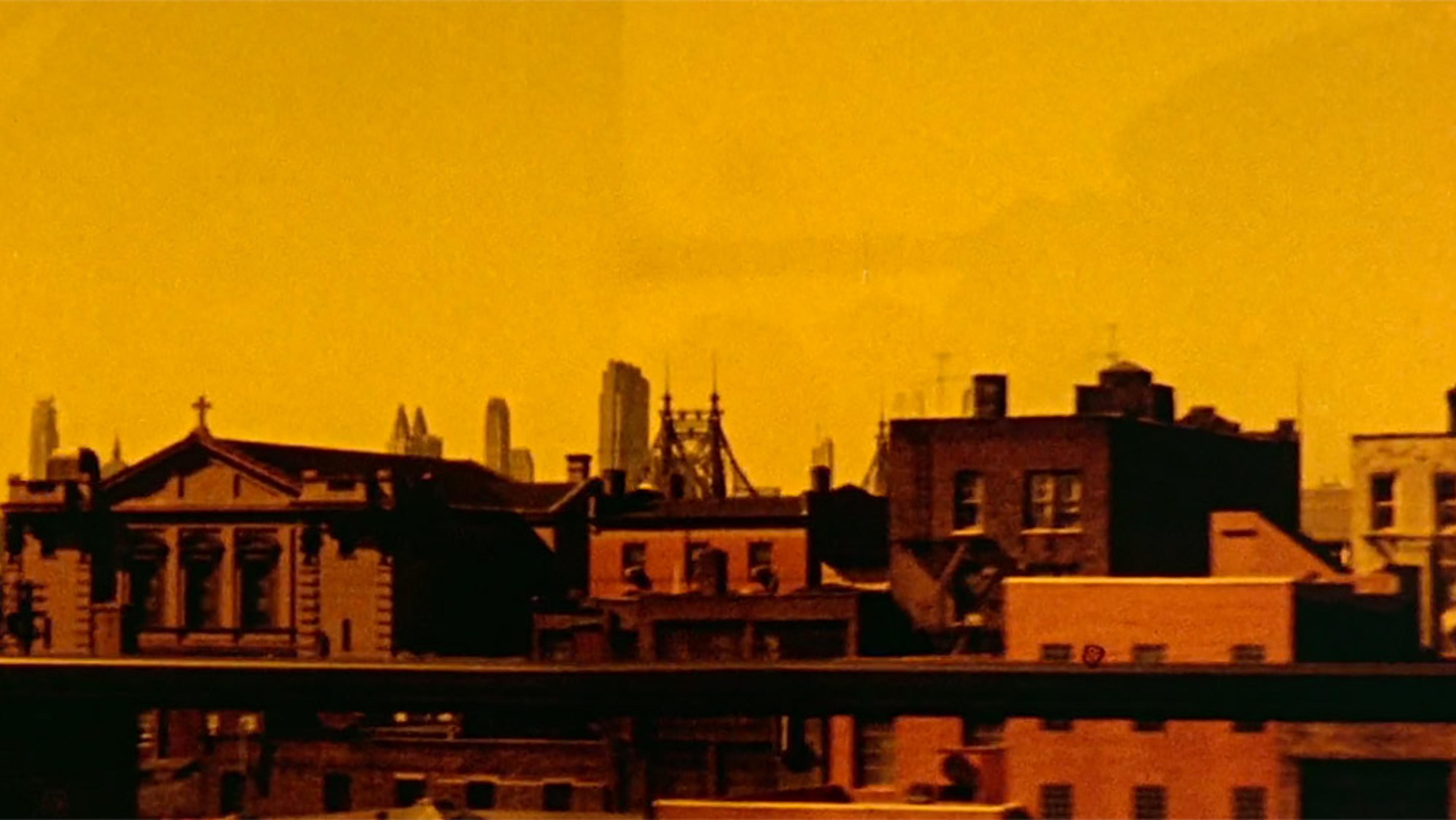 An urban skyline with a sepia tone filter, showing historic buildings and modern skyscrapers in the background.