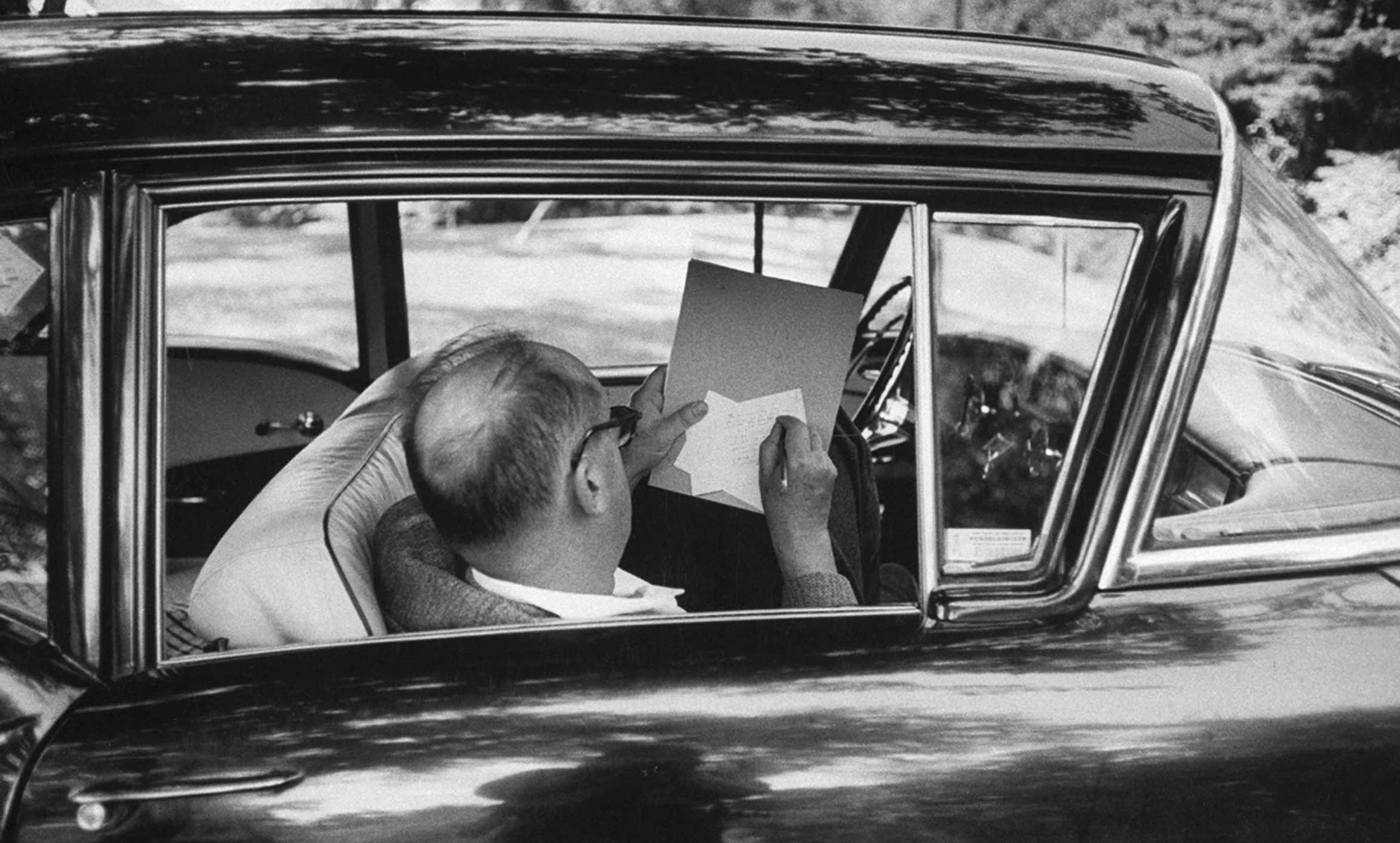 <p>Non-native tongue. Vladimir Nabokov pictured writing notes in his car in Ithaca, New York, in 1958. <em>Photo by Carl Mydans/The LIFE Picture Collection/Getty</em></p>