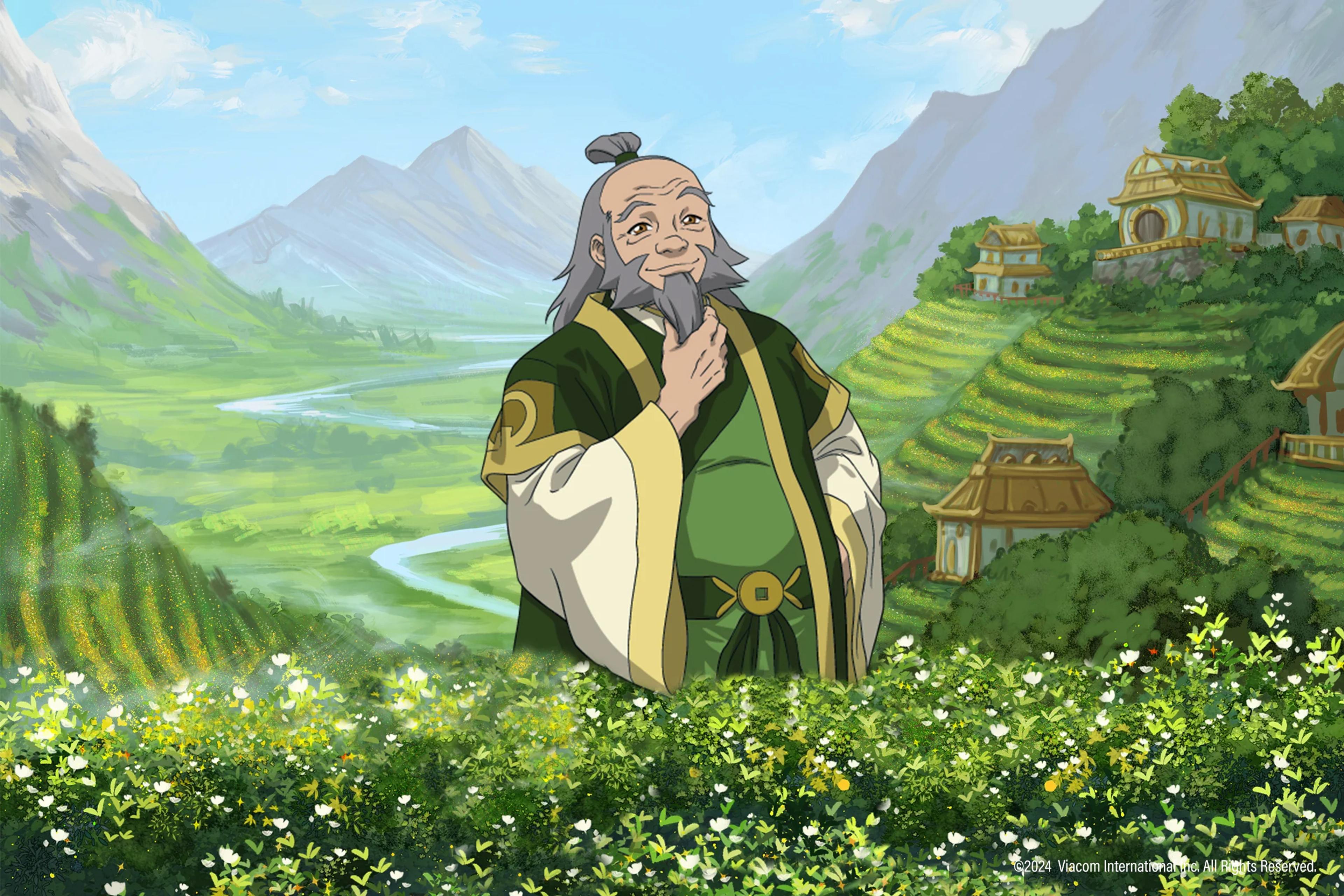 Animated character in green robes stands in a lush landscape with mountains and traditional buildings in the background.