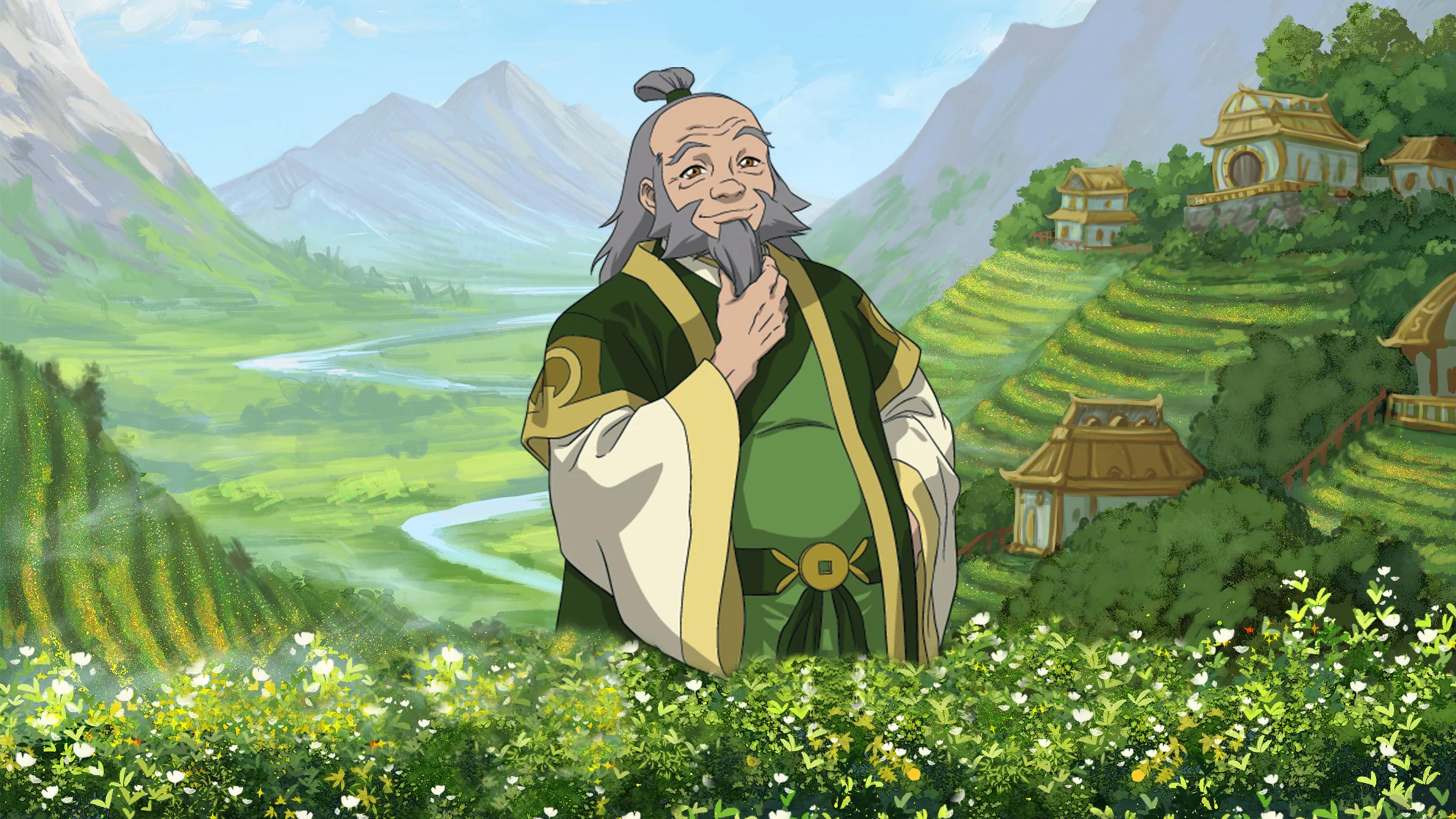 Animated character in green robes stands in a lush landscape with mountains and traditional buildings in the background.