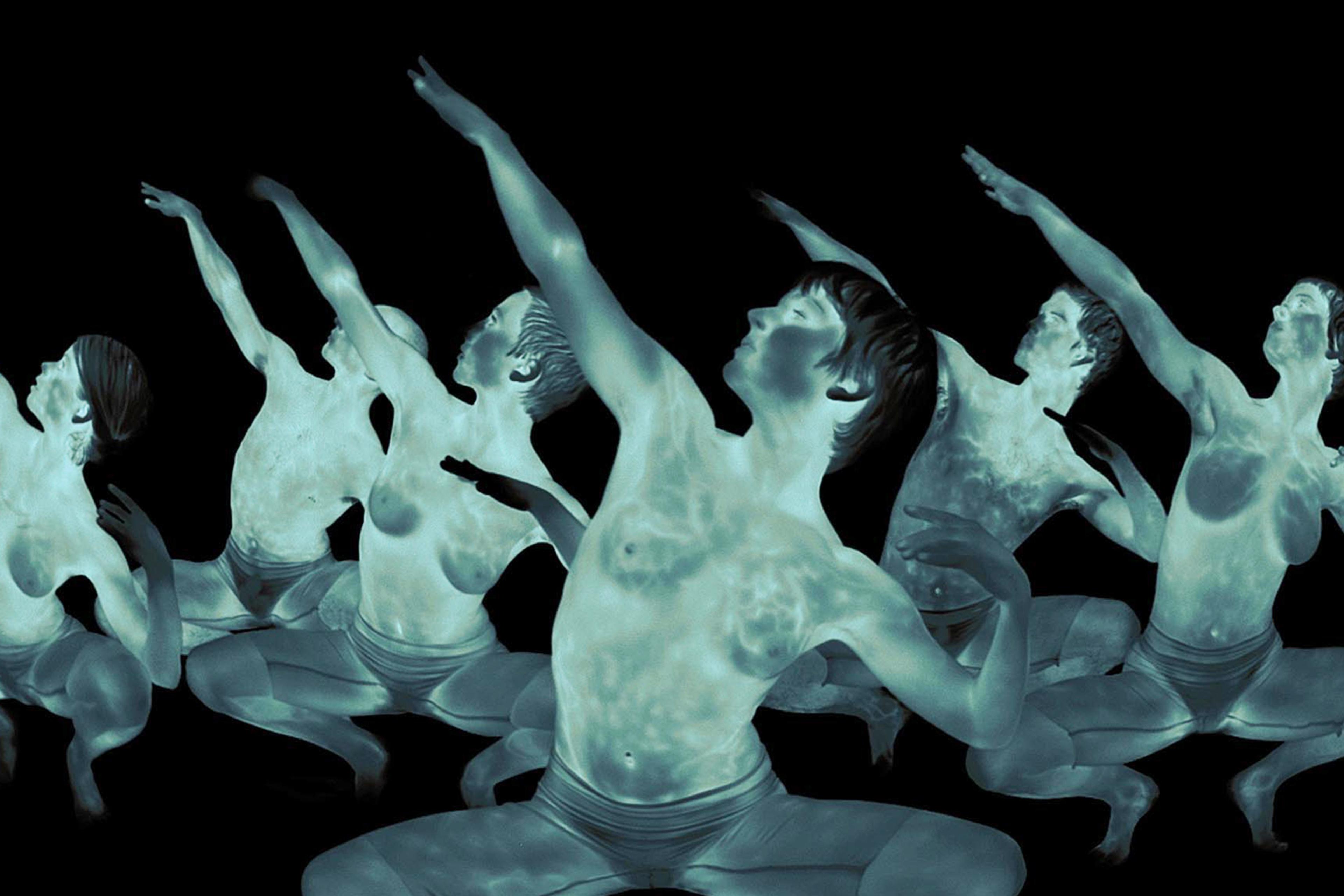 Digital artwork of several topless figures in various poses on a black background, depicted in a glowing blue-green hue.