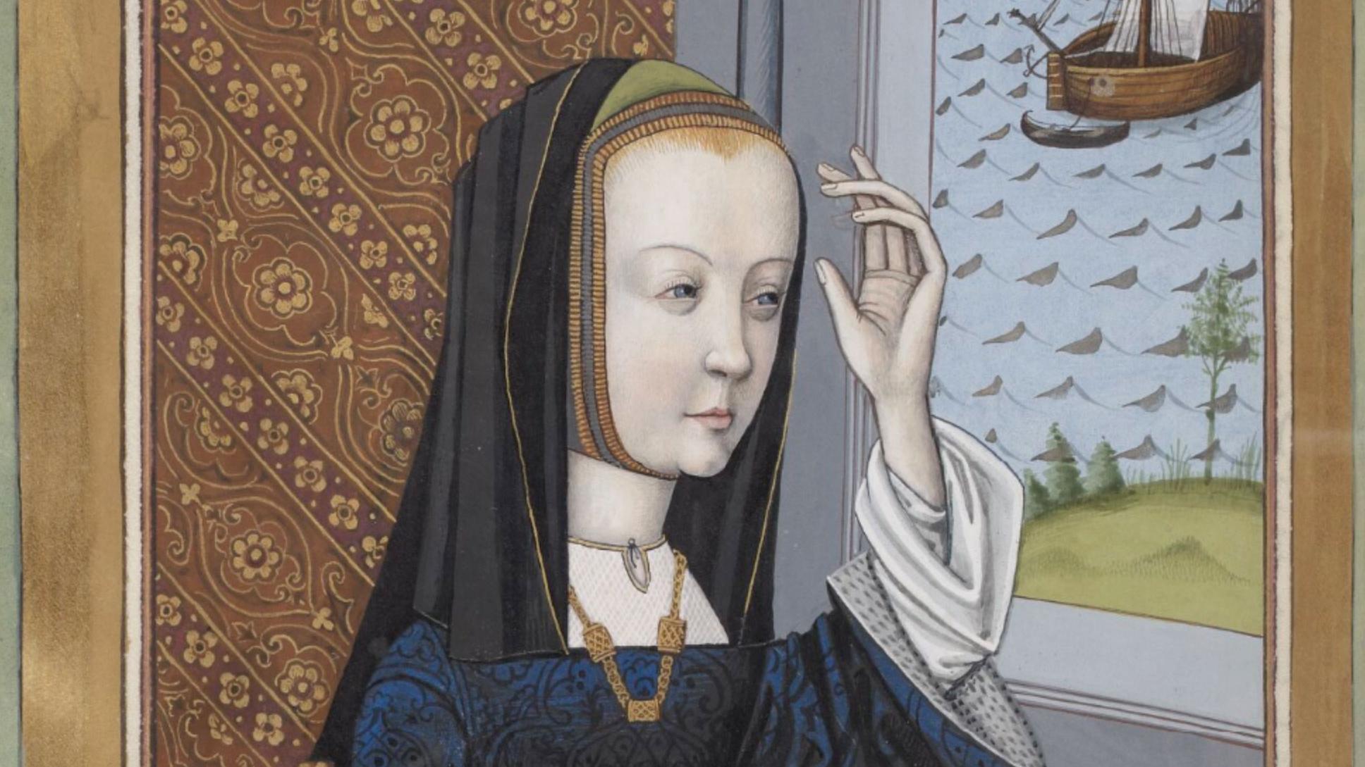 Medieval painting of a woman writing by a window with a ship on the sea outside, wearing a dark gown and hood.