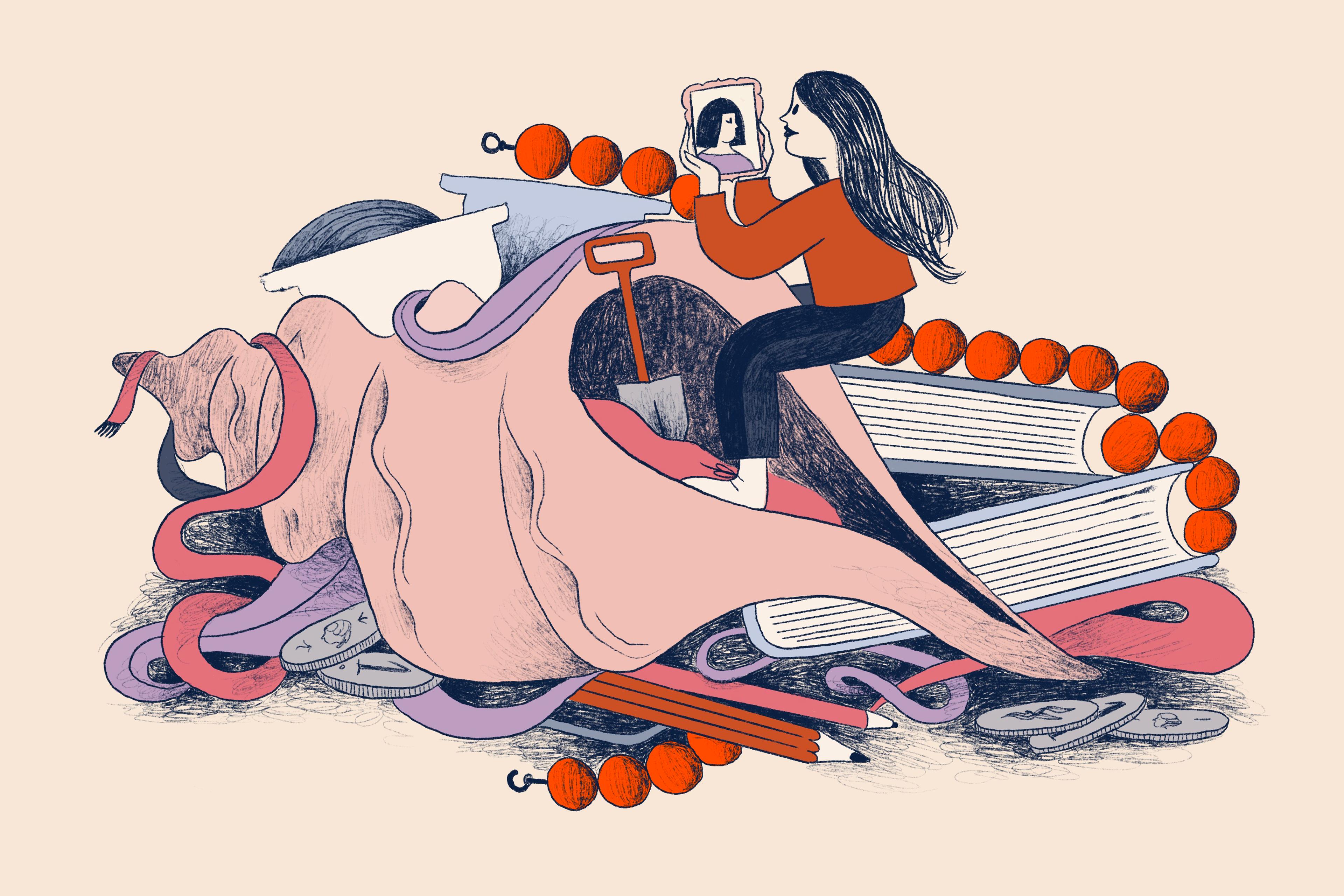 Illustration of a woman standing in a giant conch shell, nestled among giant books, a large beaded necklace and various other objects, holding a small mirror, wearing a red top on a beige background.