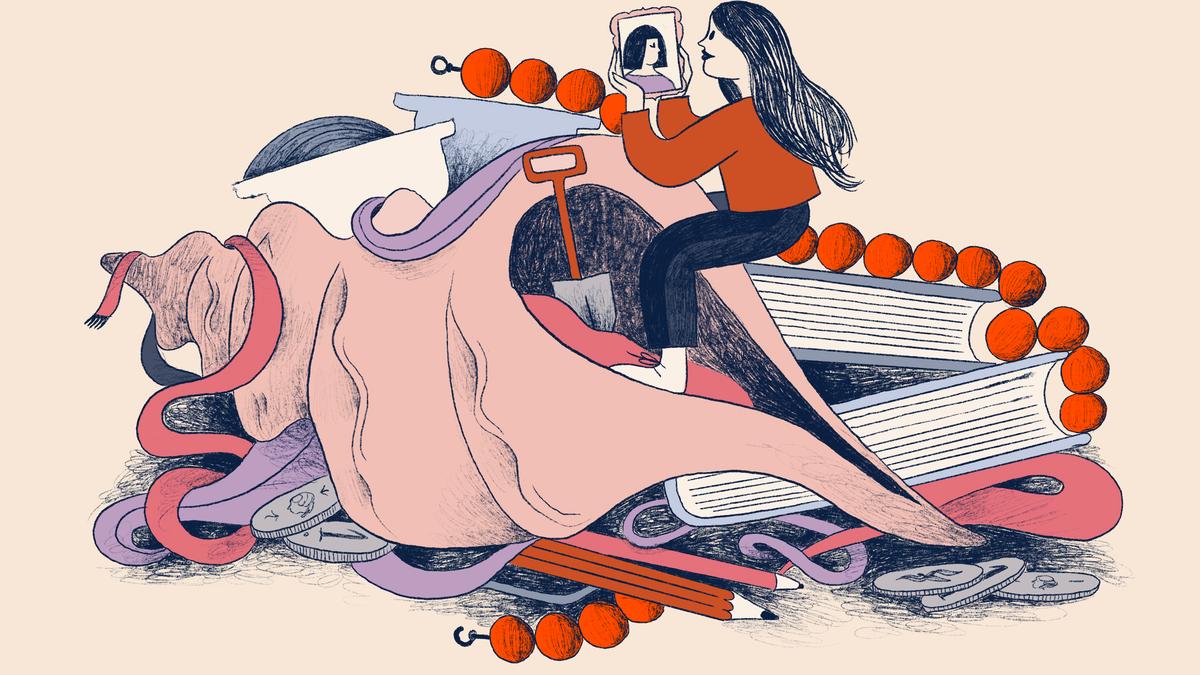 Illustration of a woman standing in a giant conch shell, nestled among giant books, a large beaded necklace and various other objects, holding a small mirror, wearing a red top on a beige background.