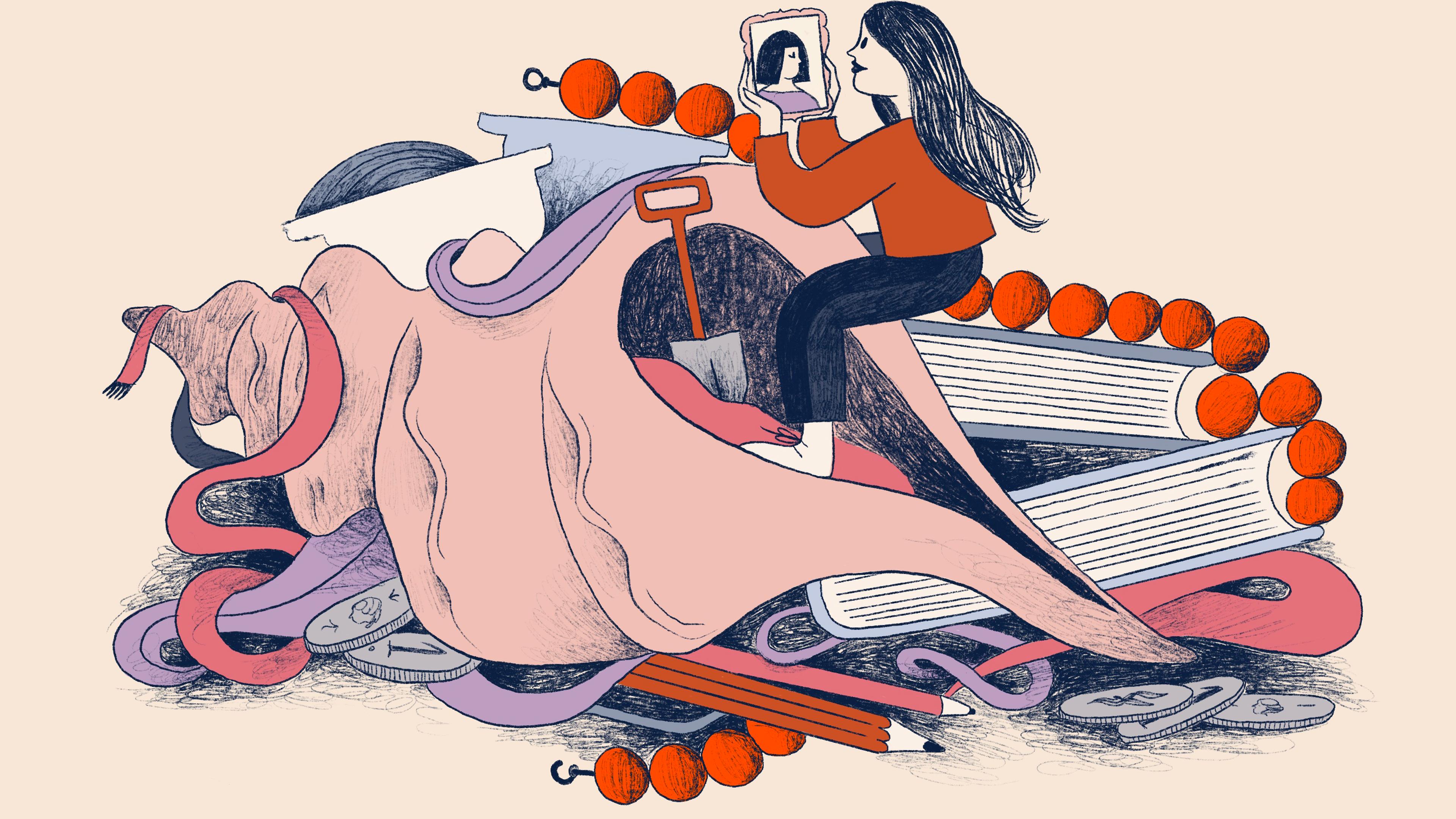 Illustration of a woman standing in a giant conch shell, nestled among giant books, a large beaded necklace and various other objects, holding a small mirror, wearing a red top on a beige background.