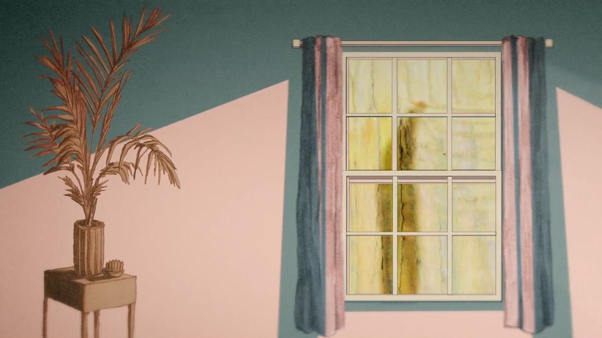 Illustration of a room with a plant on a table, soft coloured walls and a window with curtains.