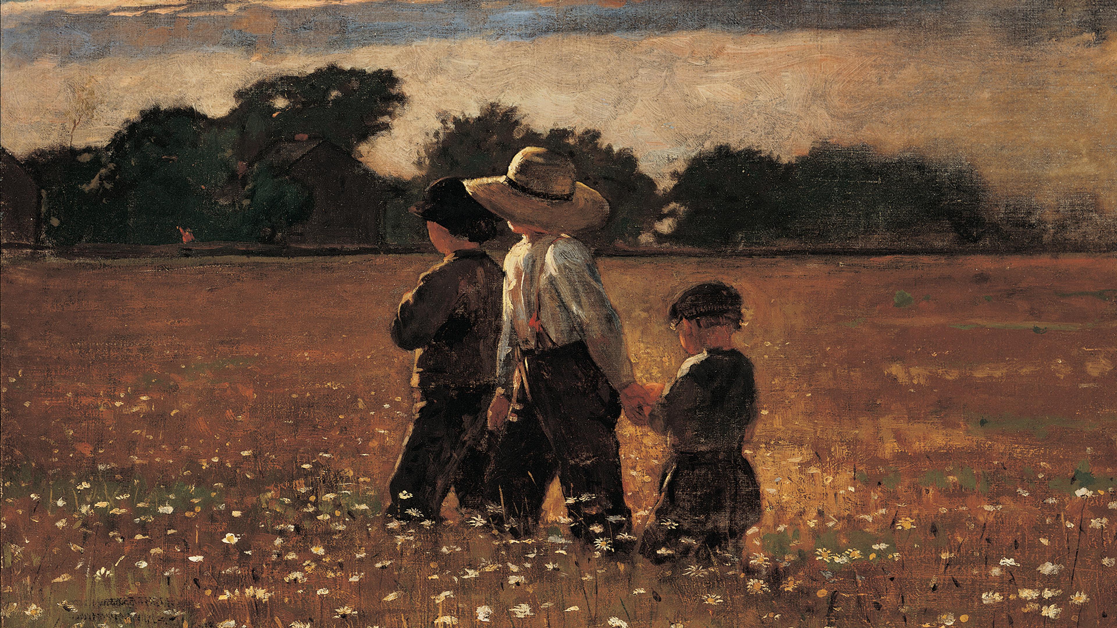 Painting of three children in a field of flowers with trees in the background under a cloudy sky.