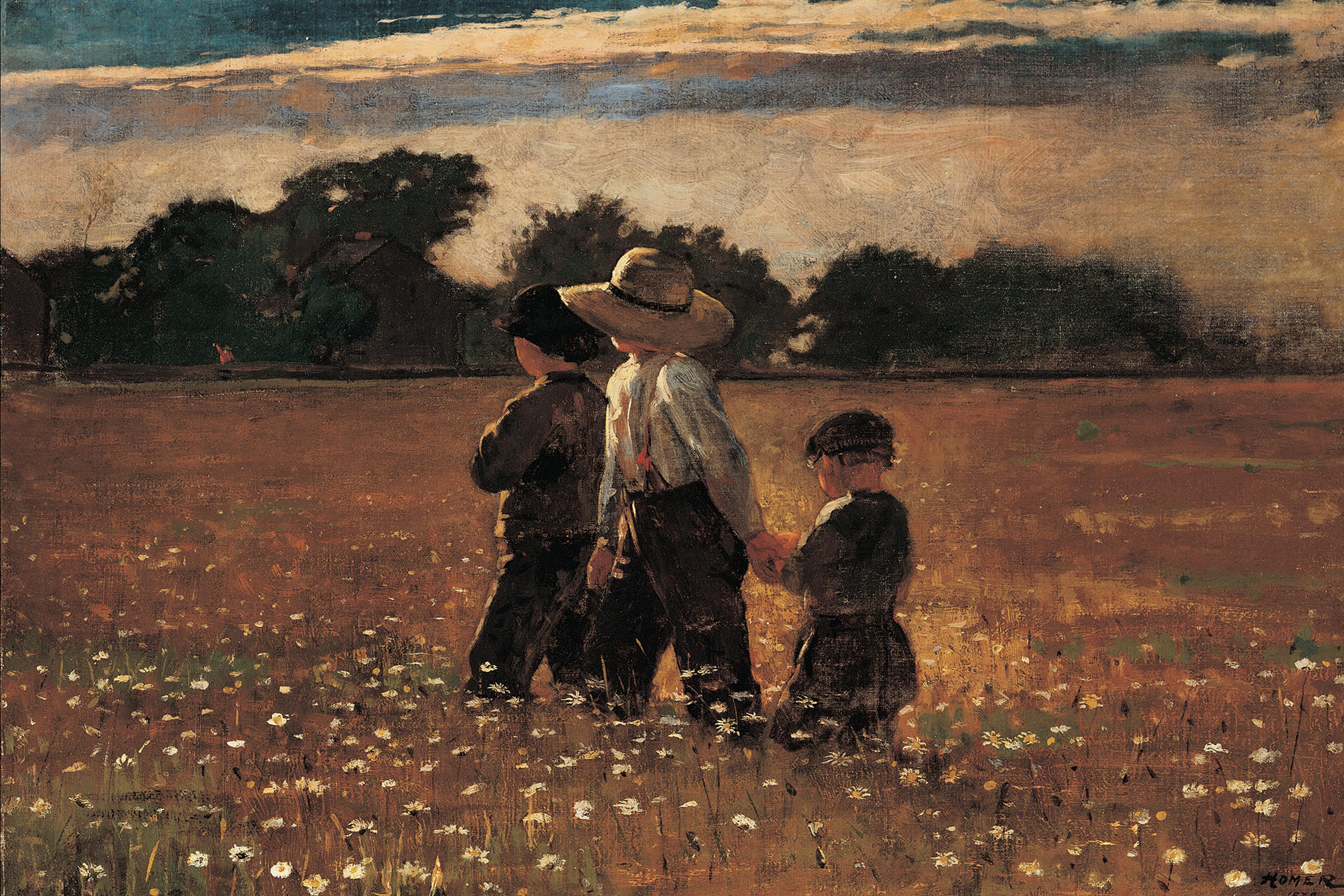 Painting of three children in a field of flowers with trees in the background under a cloudy sky.