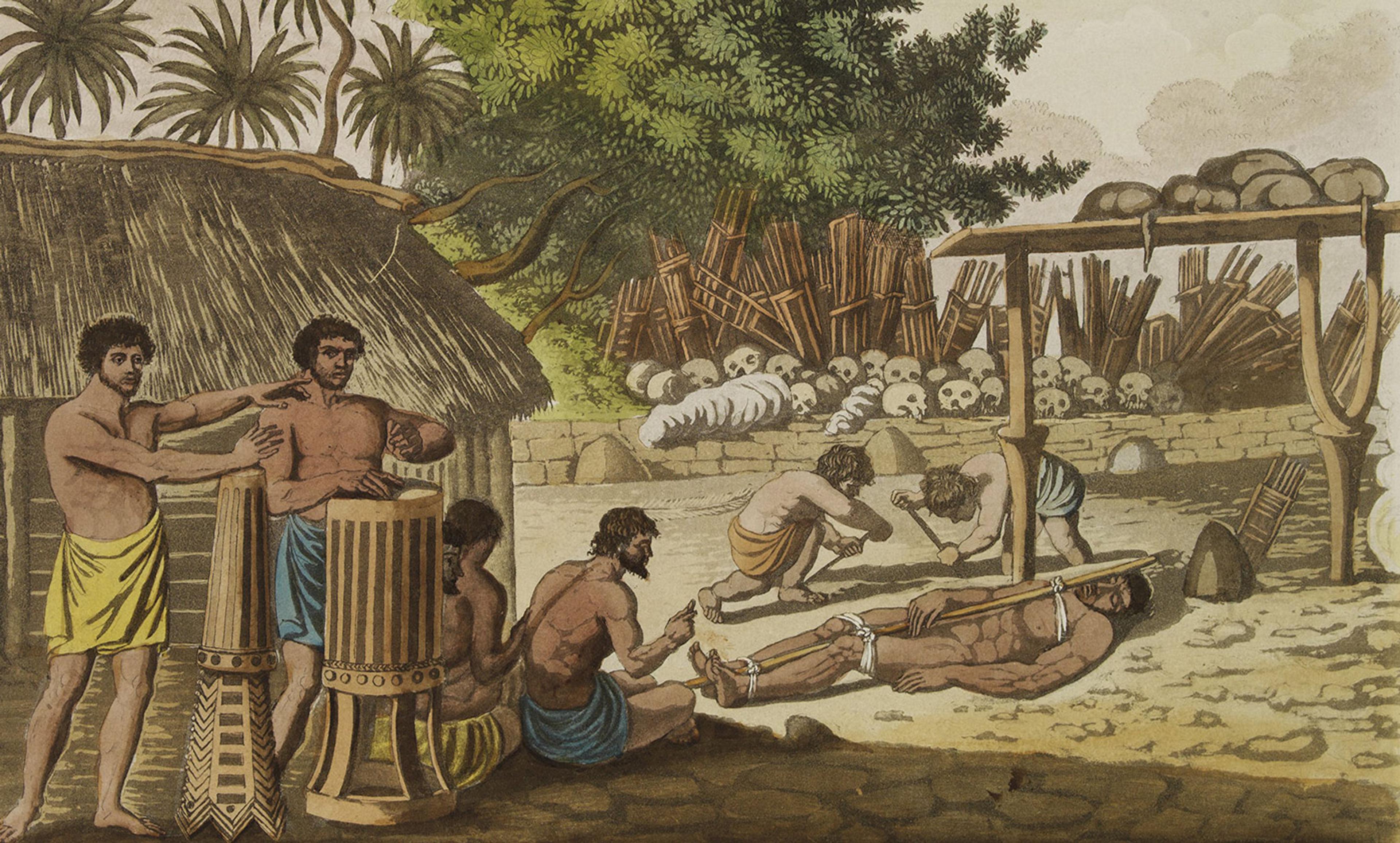<p>Aquatint depicting the Morai (Tahiti), practice of human sacrifice. From Giulio Ferrario’s work Le Costume Ancien et Moderne . <em>Courtesy Wikimedia </em></p>