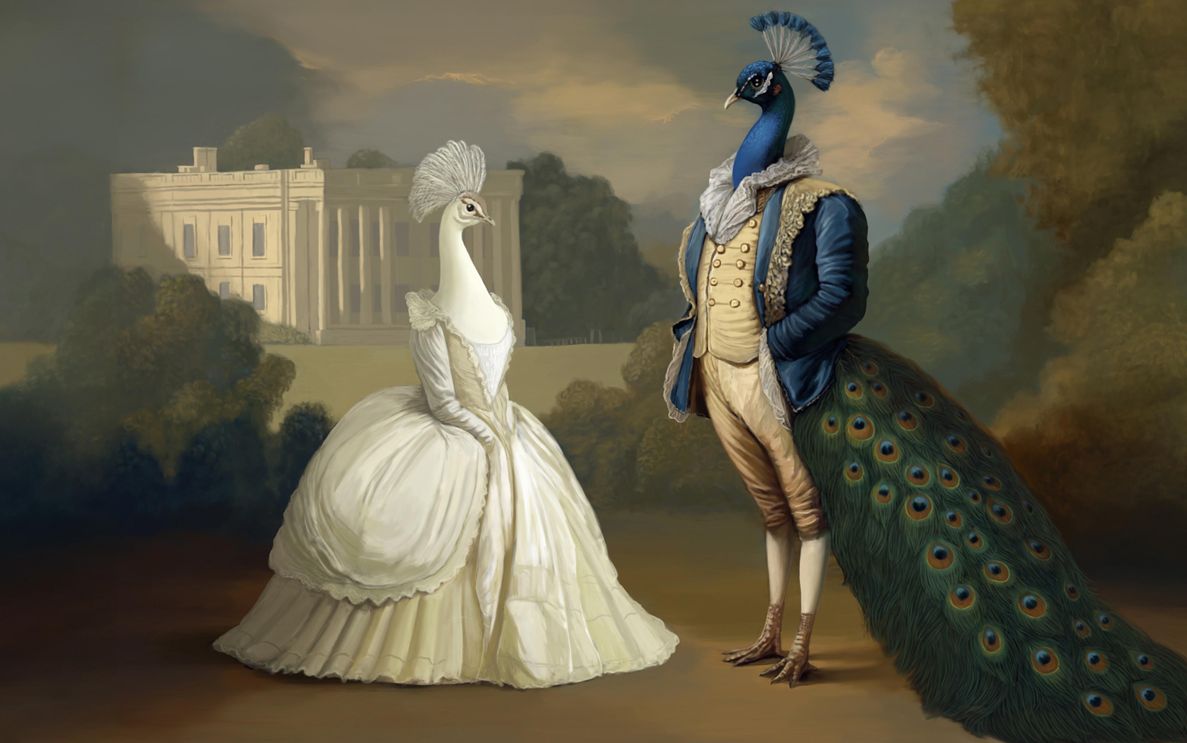 Painting of two anthropomorphic peacocks in 18th-century attire in front of a stately home surrounded by trees.