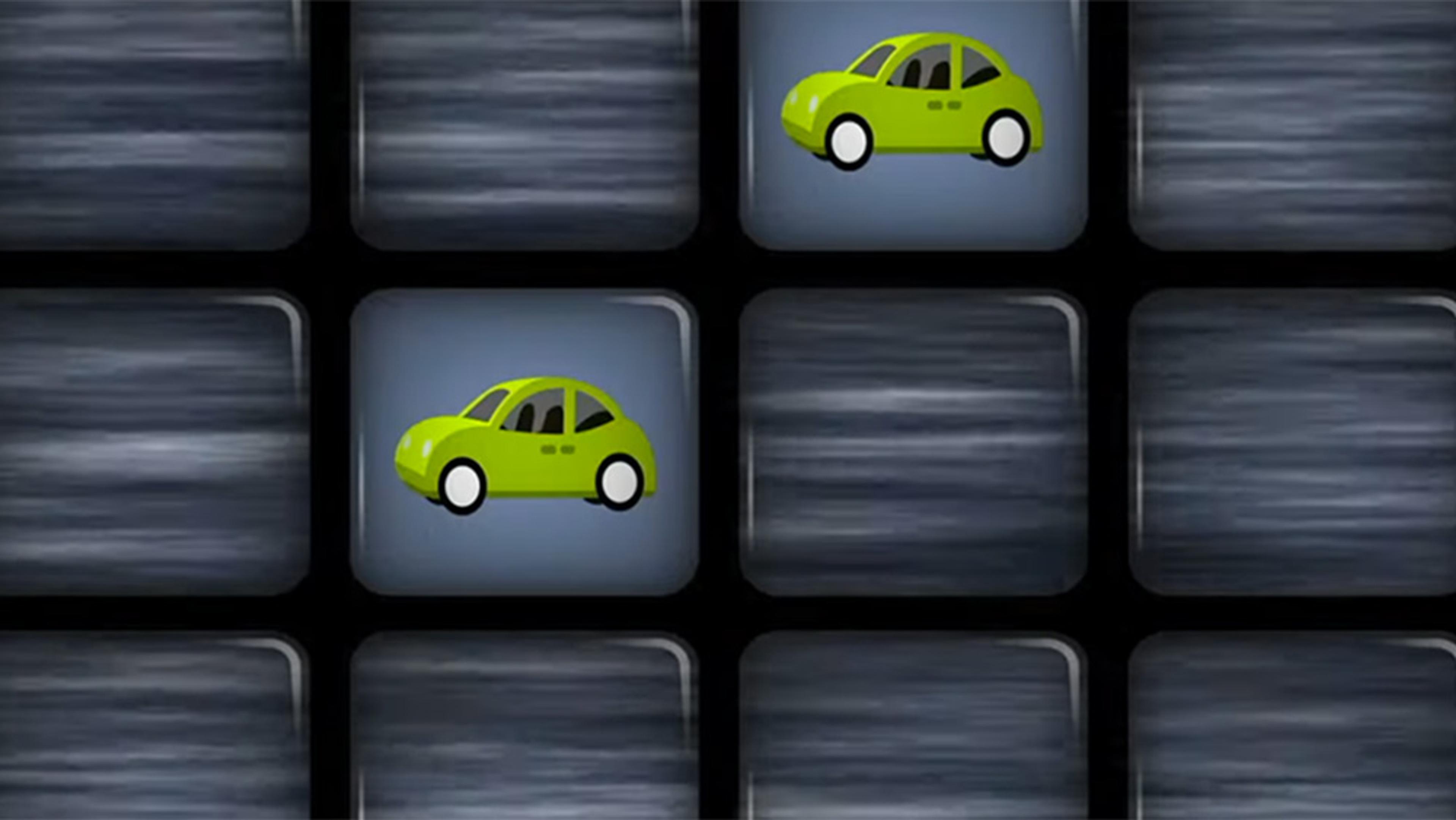 Digital illustration of a 4x3 grid of rectangles with two green car icons. The background of the grid cells is dark grey with a blurred texture.