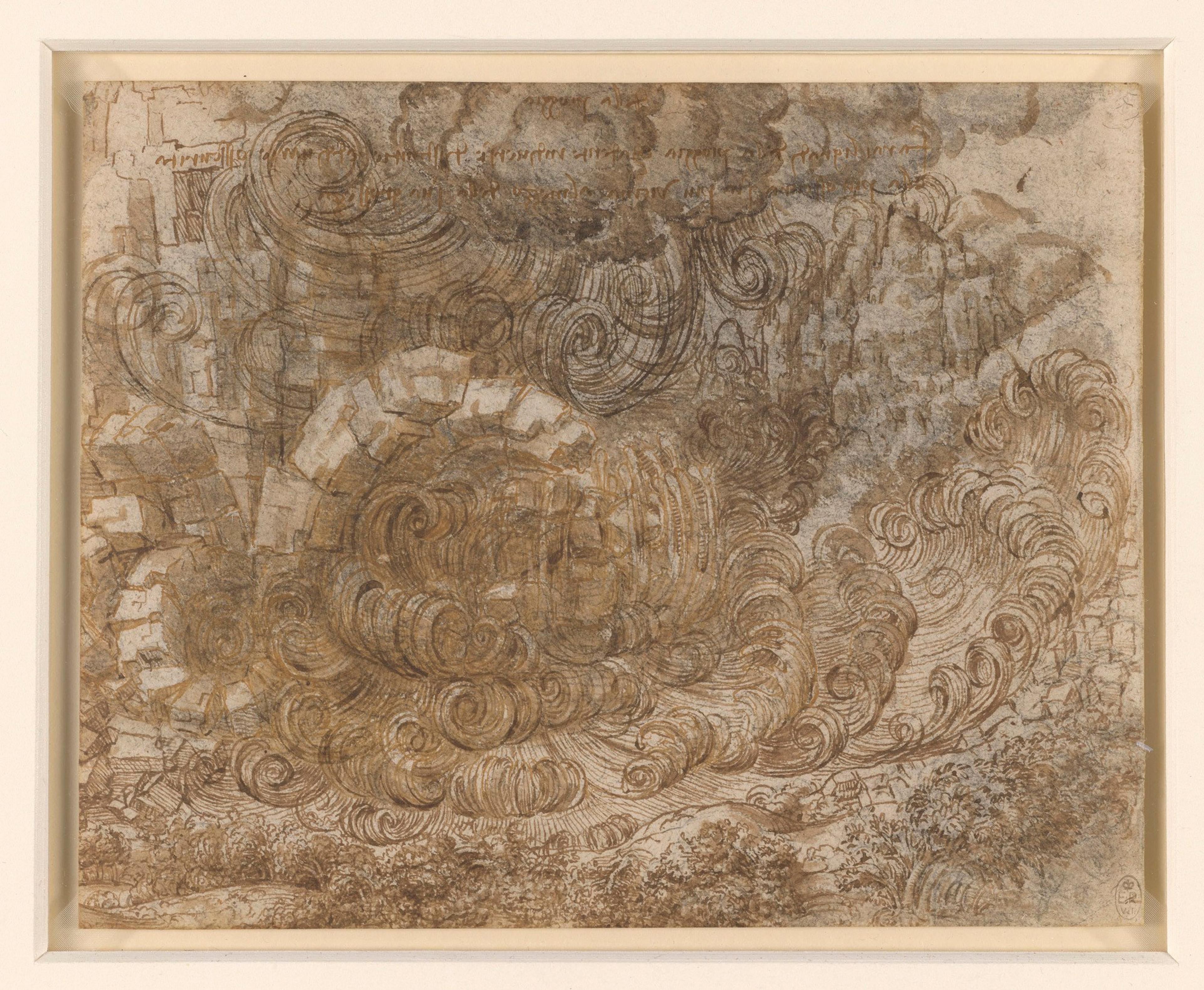 Ink drawing of swirling clouds and rocky terrain with intricate patterns and detailed lines, framed in a simple white border.