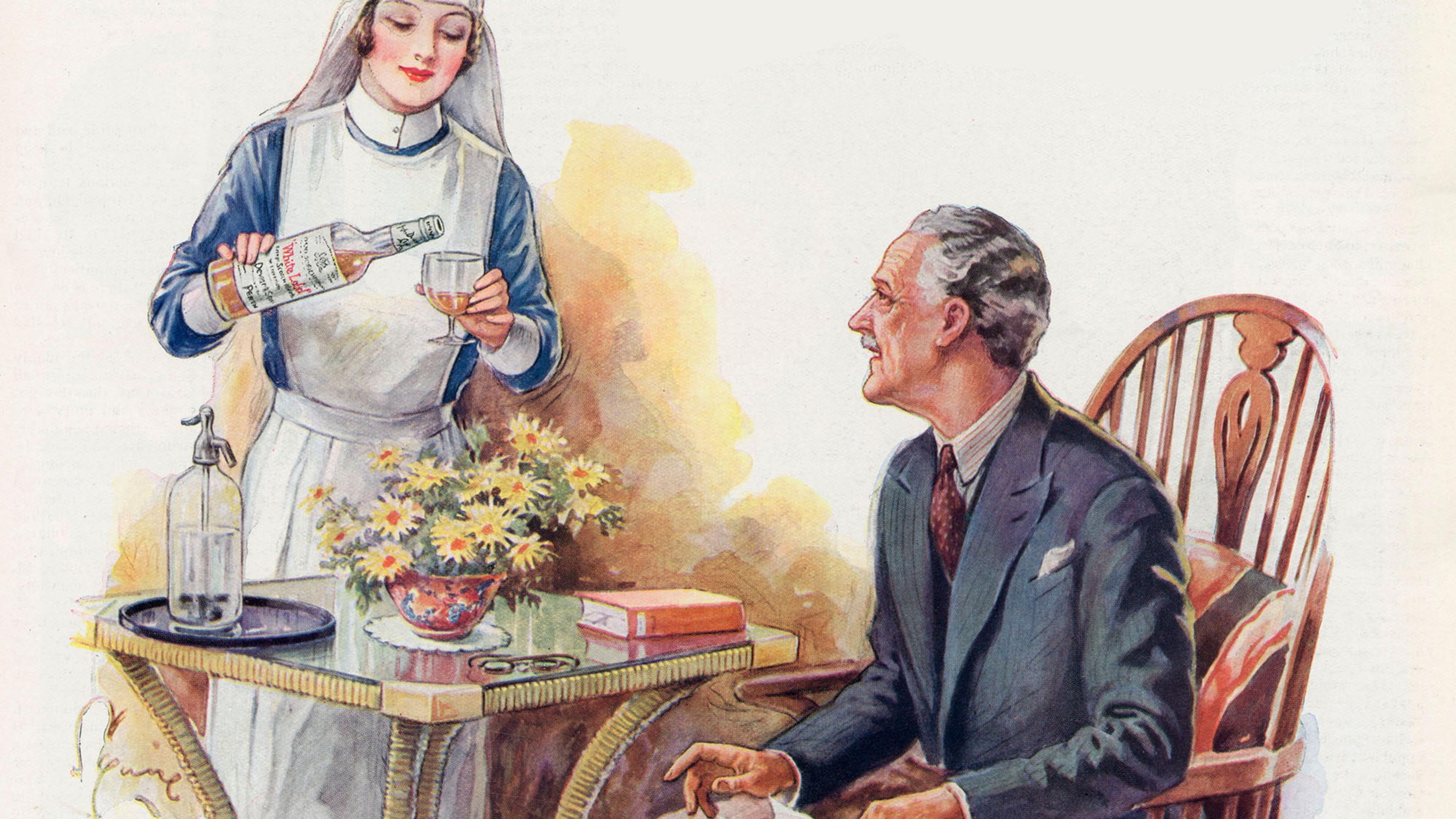 Illustration of a nurse pouring a drink for a seated man at a table with flowers and a book.