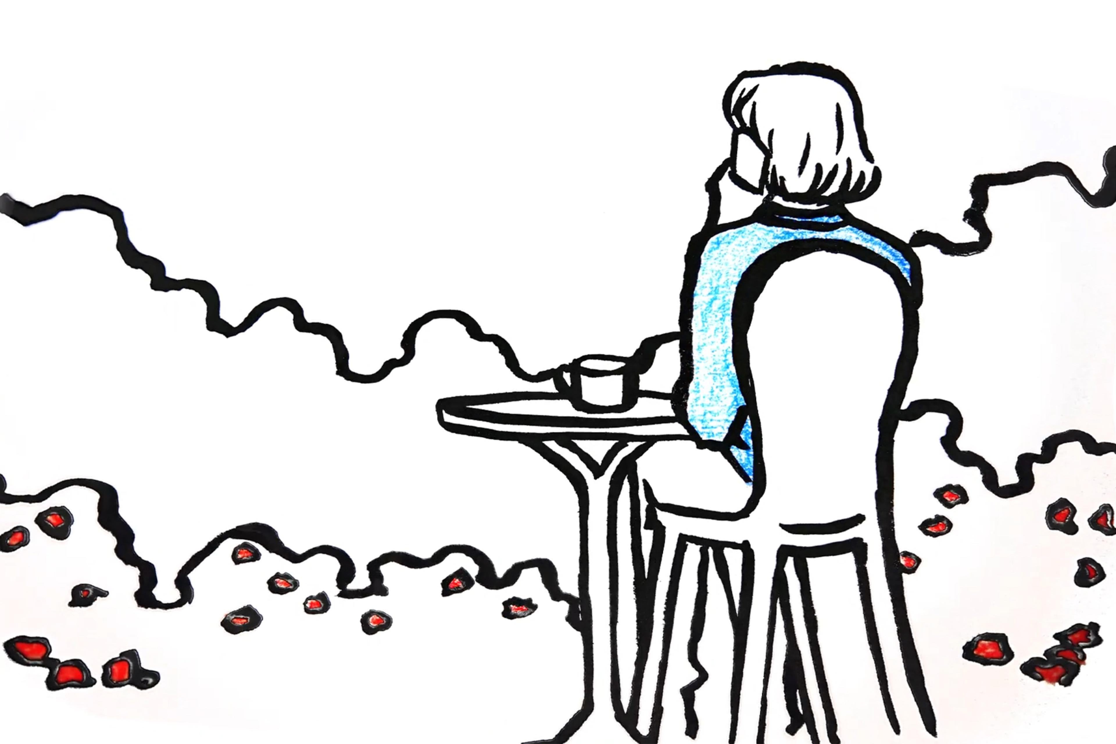 Drawing of a person seated at a table with a drink, surrounded by abstract lines and red shapes, wearing a blue top.