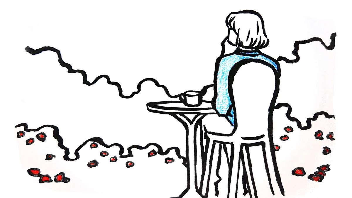Drawing of a person seated at a table with a drink, surrounded by abstract lines and red shapes, wearing a blue top.