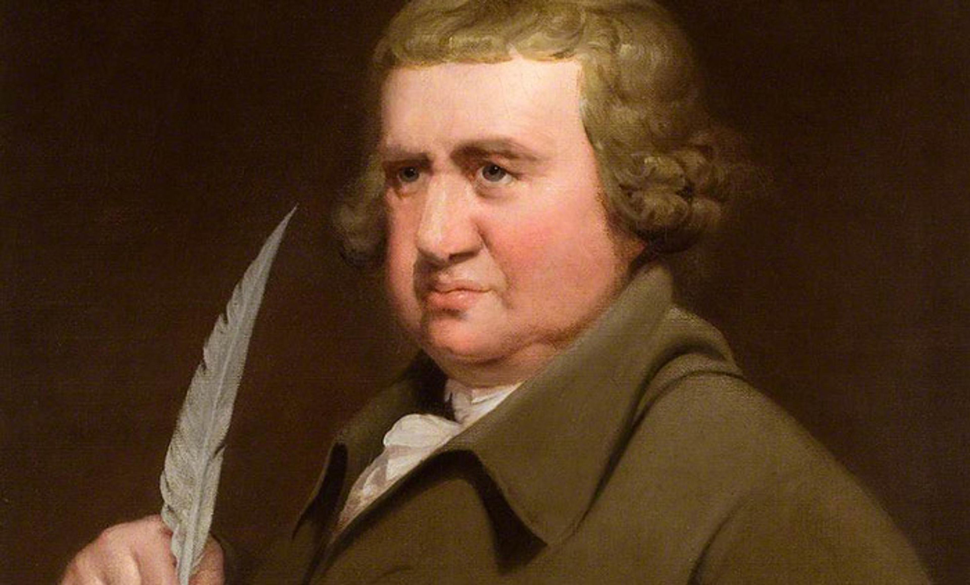 A painting of a man with curly hair holding a quill pen, wearing an olive-green coat over a white shirt, looking to the left.