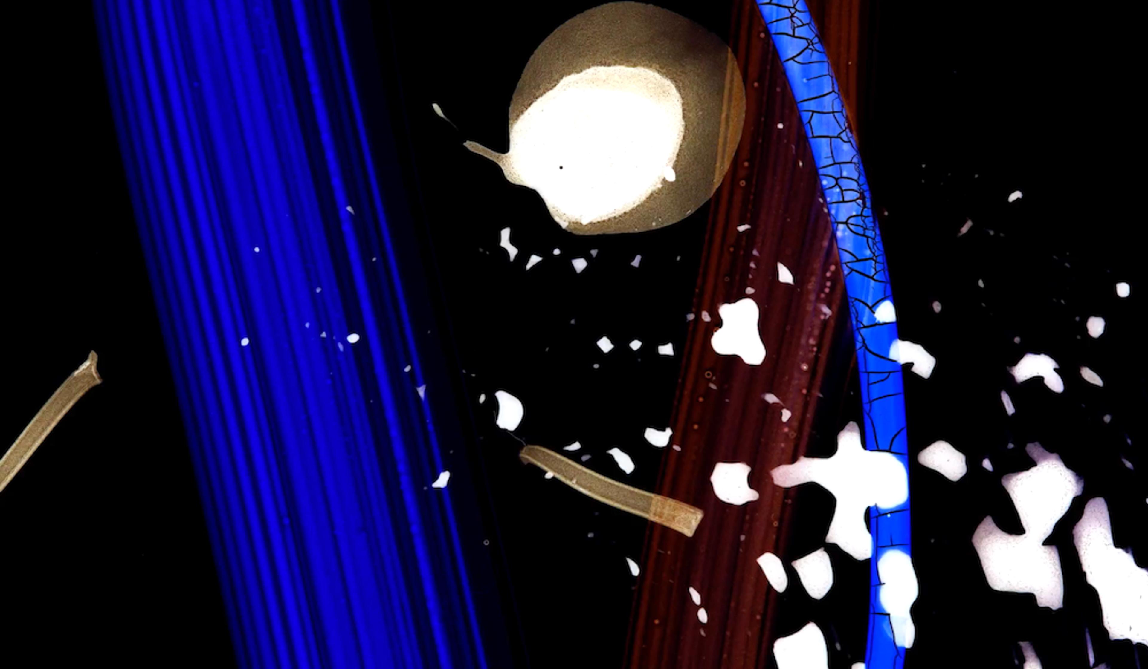 Abstract painting with streaks of blue and deep red, white speckles and a central circular white shape.