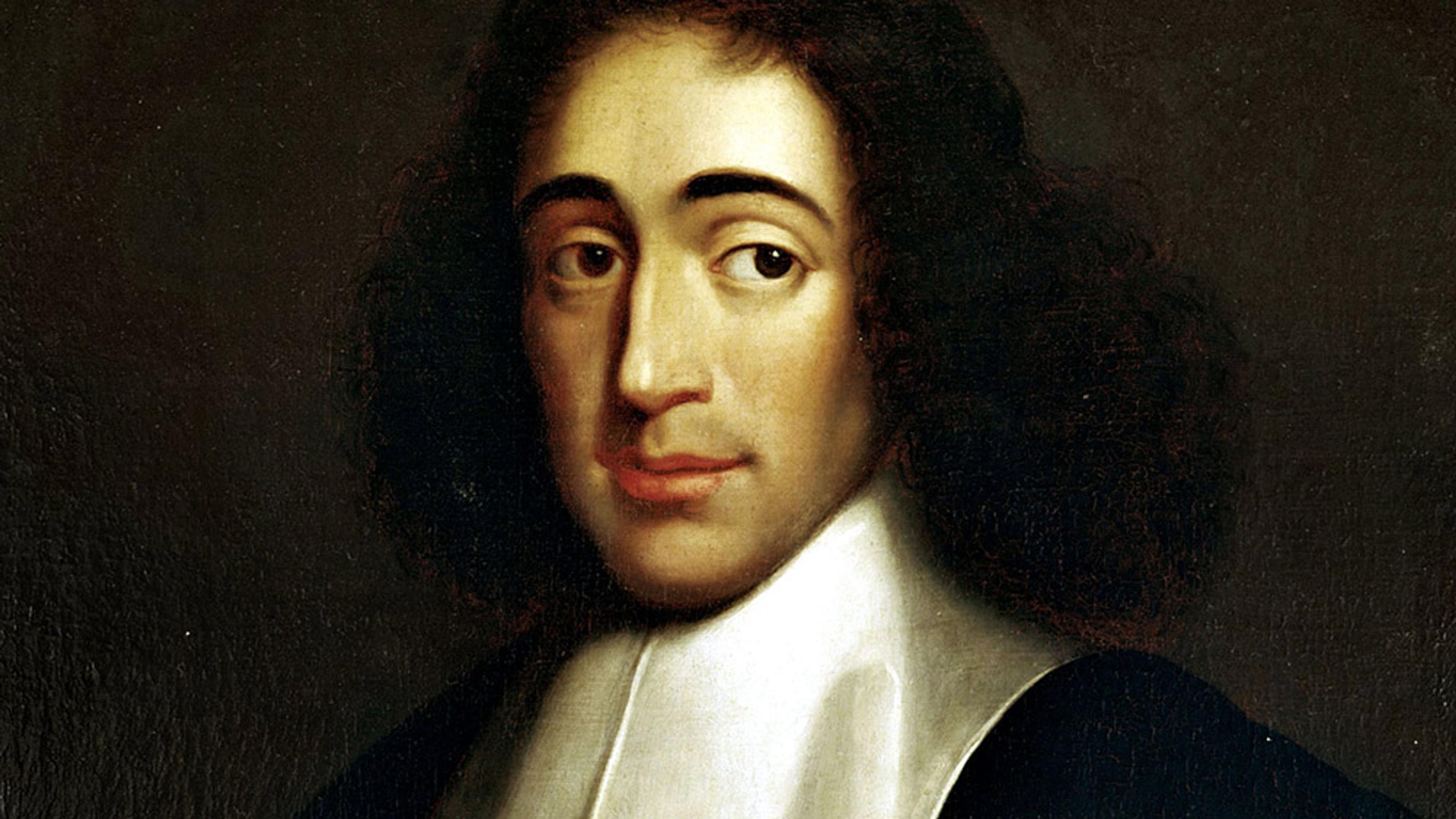 Mid-17th century portrait painting of Baruch Spinoza, a man with long curly dark hair, a high collared shirt and a faint smile.