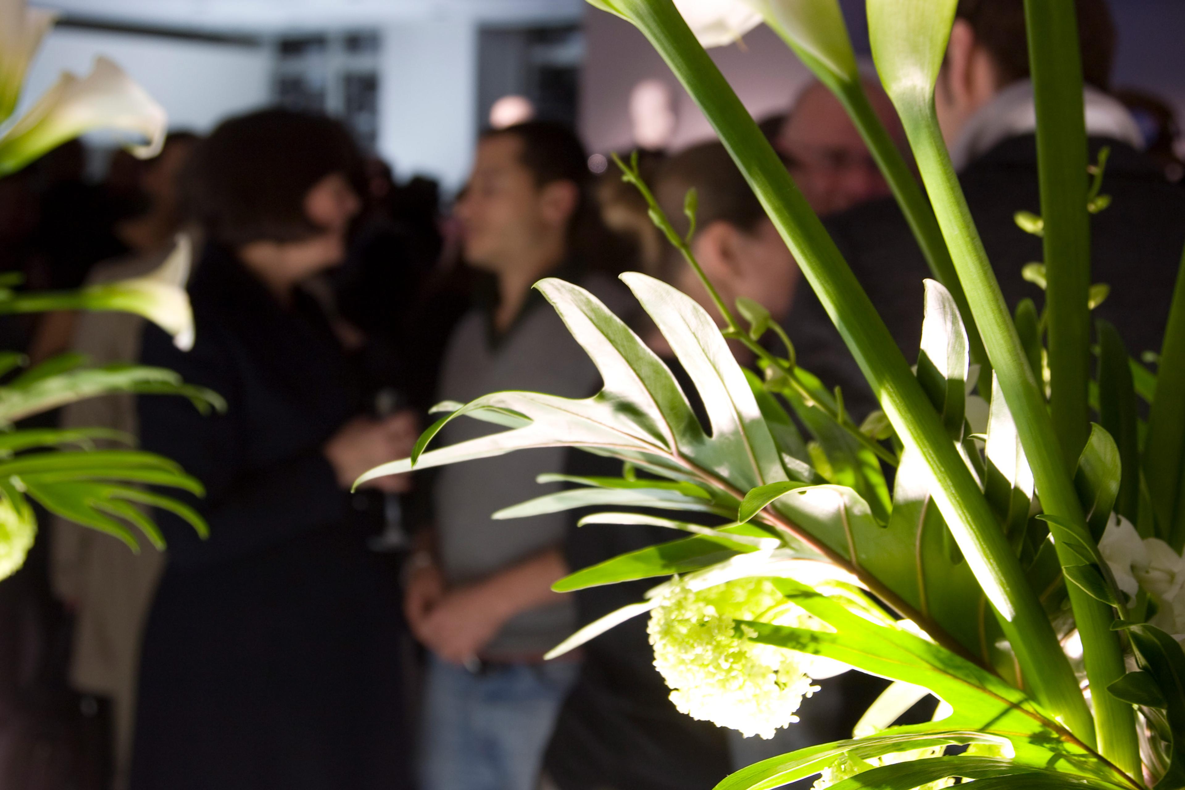 Photo of a crowded event with out-of-focus people in the background and sharply focused green and white flowers in the foreground.