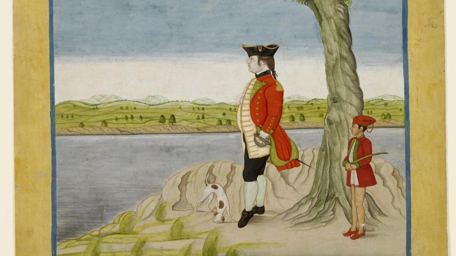Painting of a man in British colonial attire with an Indian child attendant holding a sword, by a tree overlooking a river landscape.