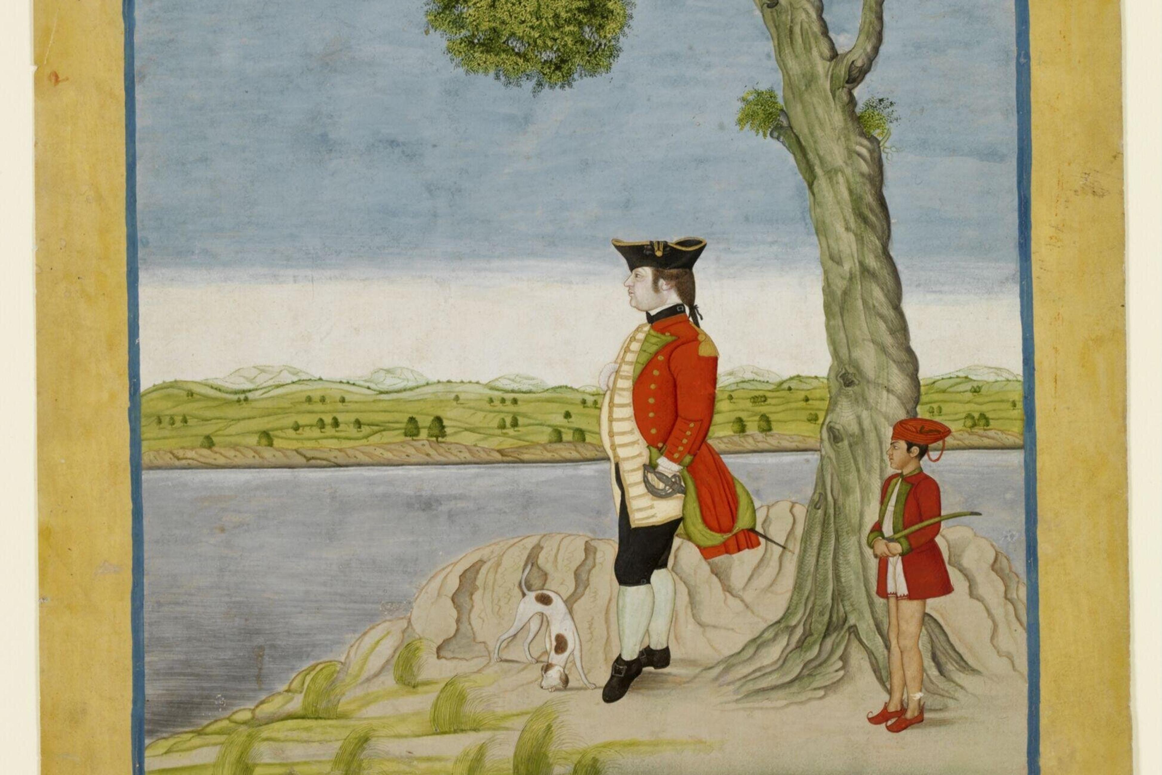 Painting of a man in British colonial attire with an Indian child attendant holding a sword, by a tree overlooking a river landscape.