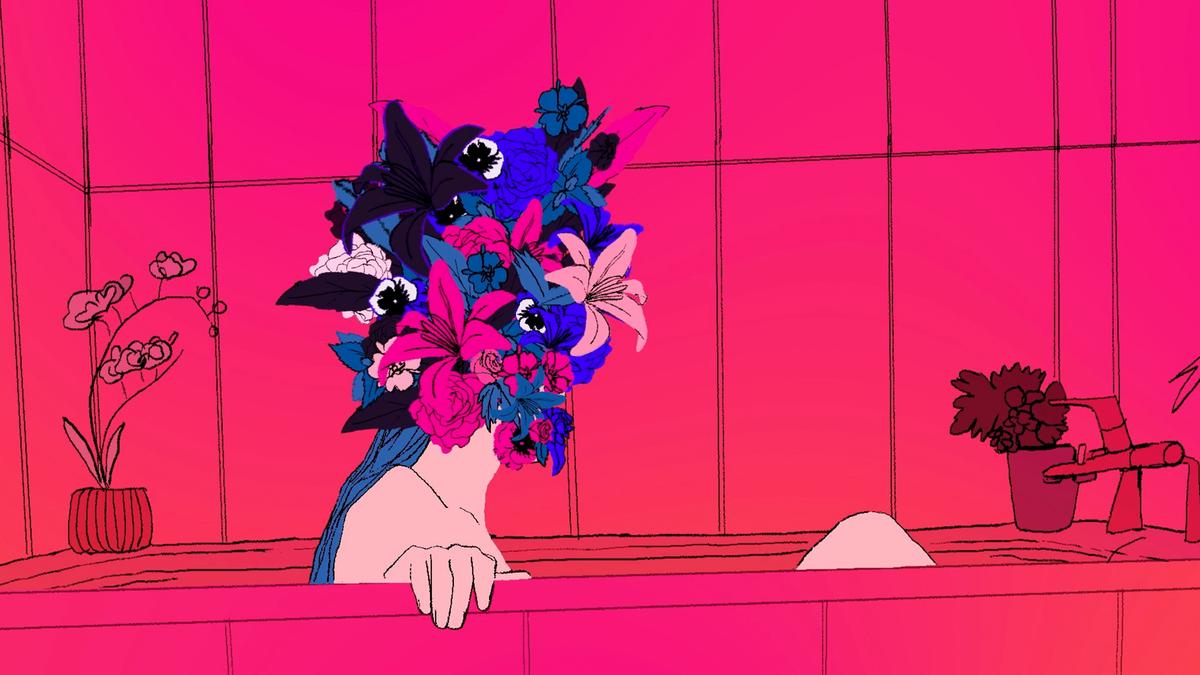Illustration of a person in a bathtub, their head covered by vibrant, multicoloured flowers, against a pink-tiled background.