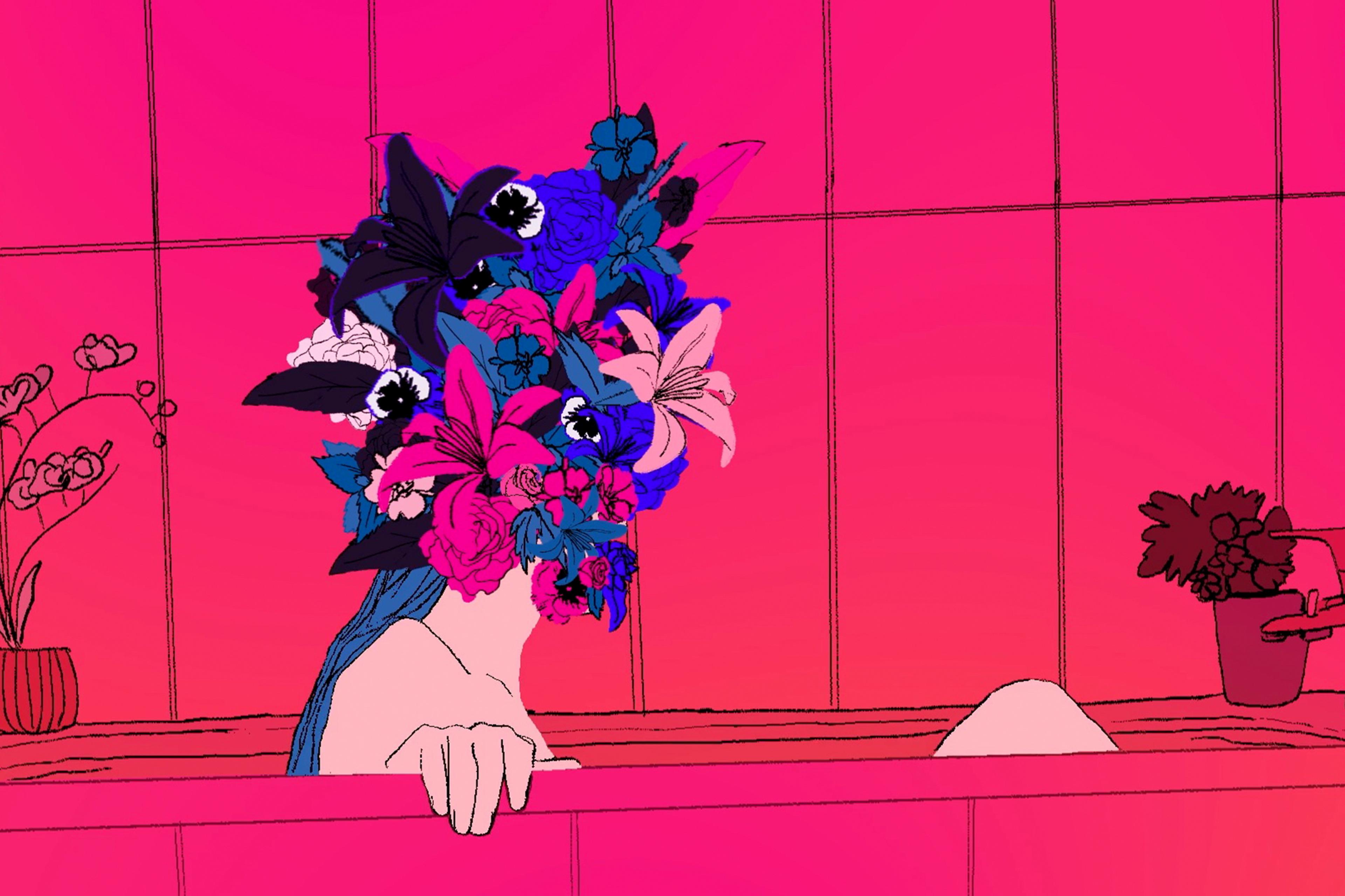 Illustration of a person in a bathtub, their head covered by vibrant, multicoloured flowers, against a pink-tiled background.
