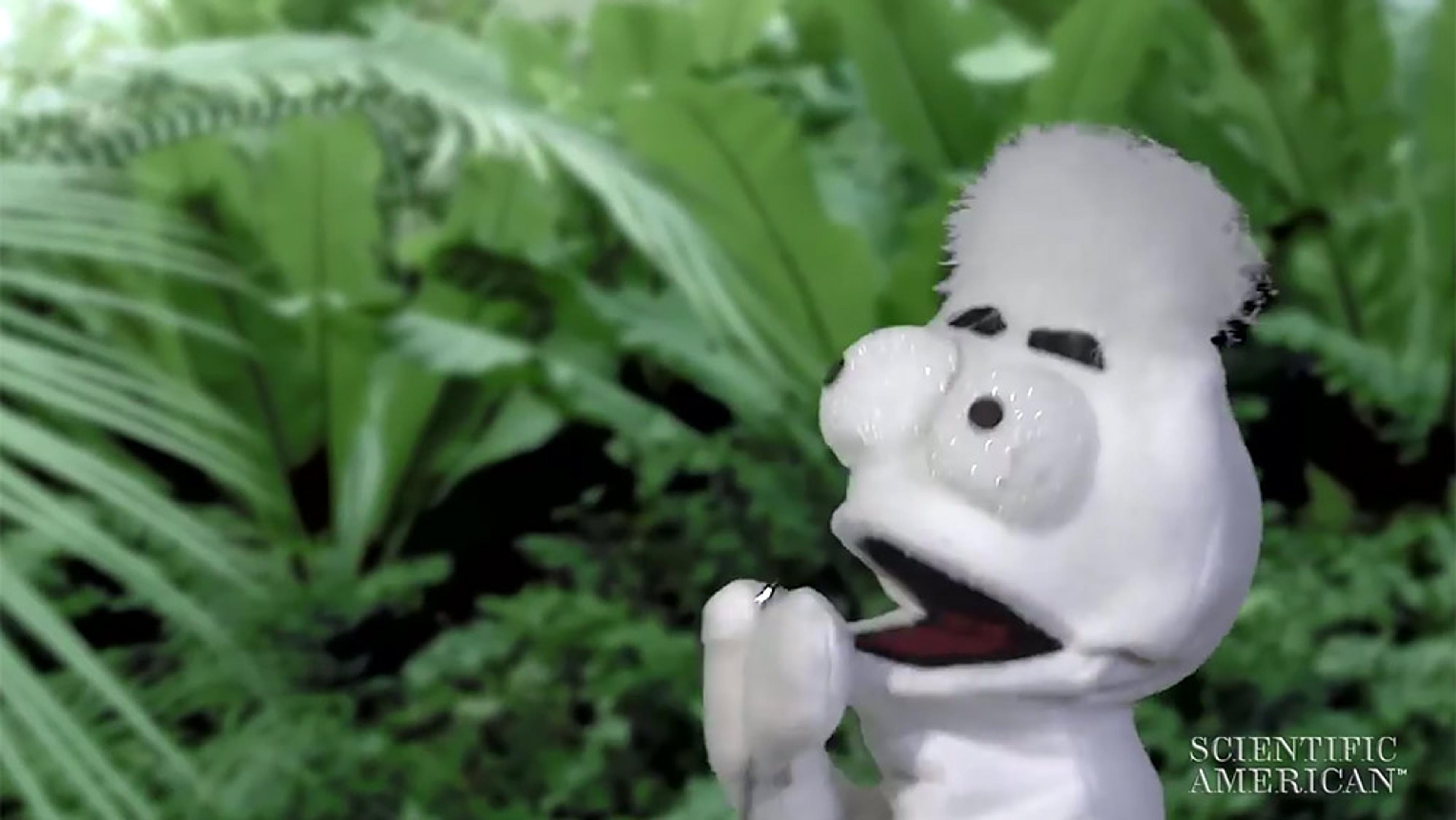 Photo of a white puppet with exaggerated facial features against a background of green, leafy plants, logo reading Scientific American.