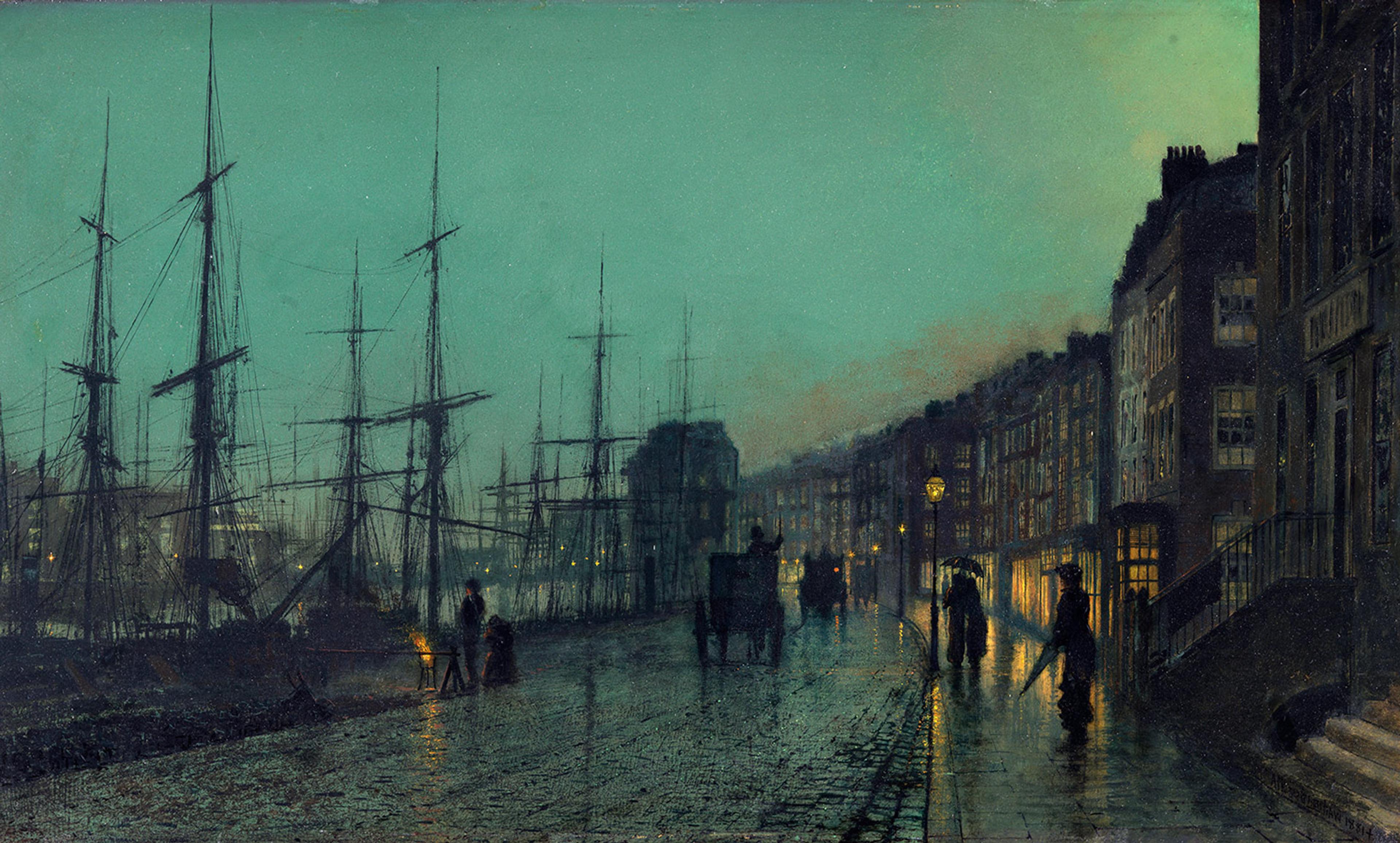 Painting of a rainy night at a harbour with tall ships and masts, lit street lamps, reflections on wet cobblestones, and figures walking.