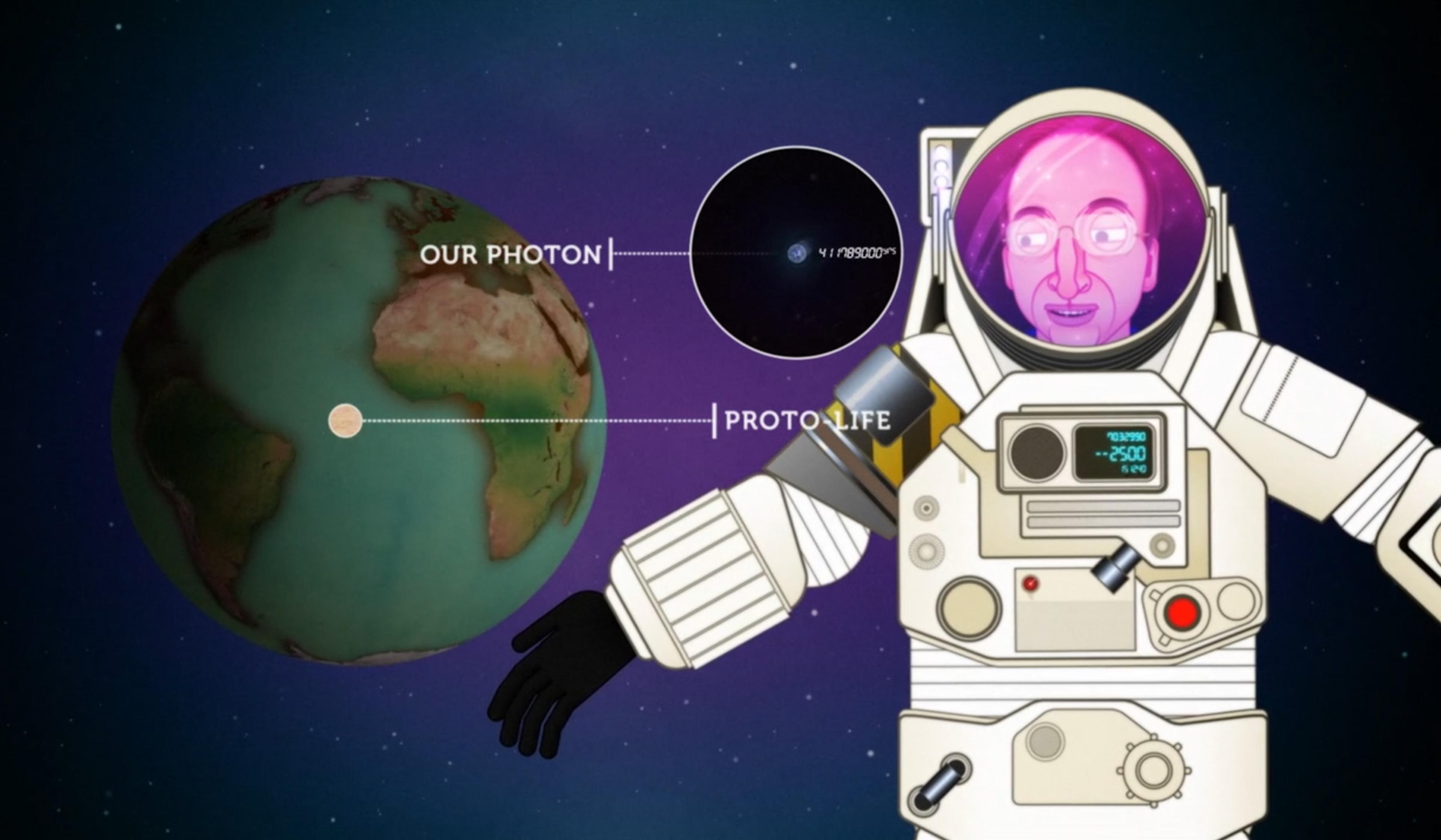 Illustration of Earth, an astronaut and space with labels “Our Photon” and “Proto Life”. The background is a starry sky.