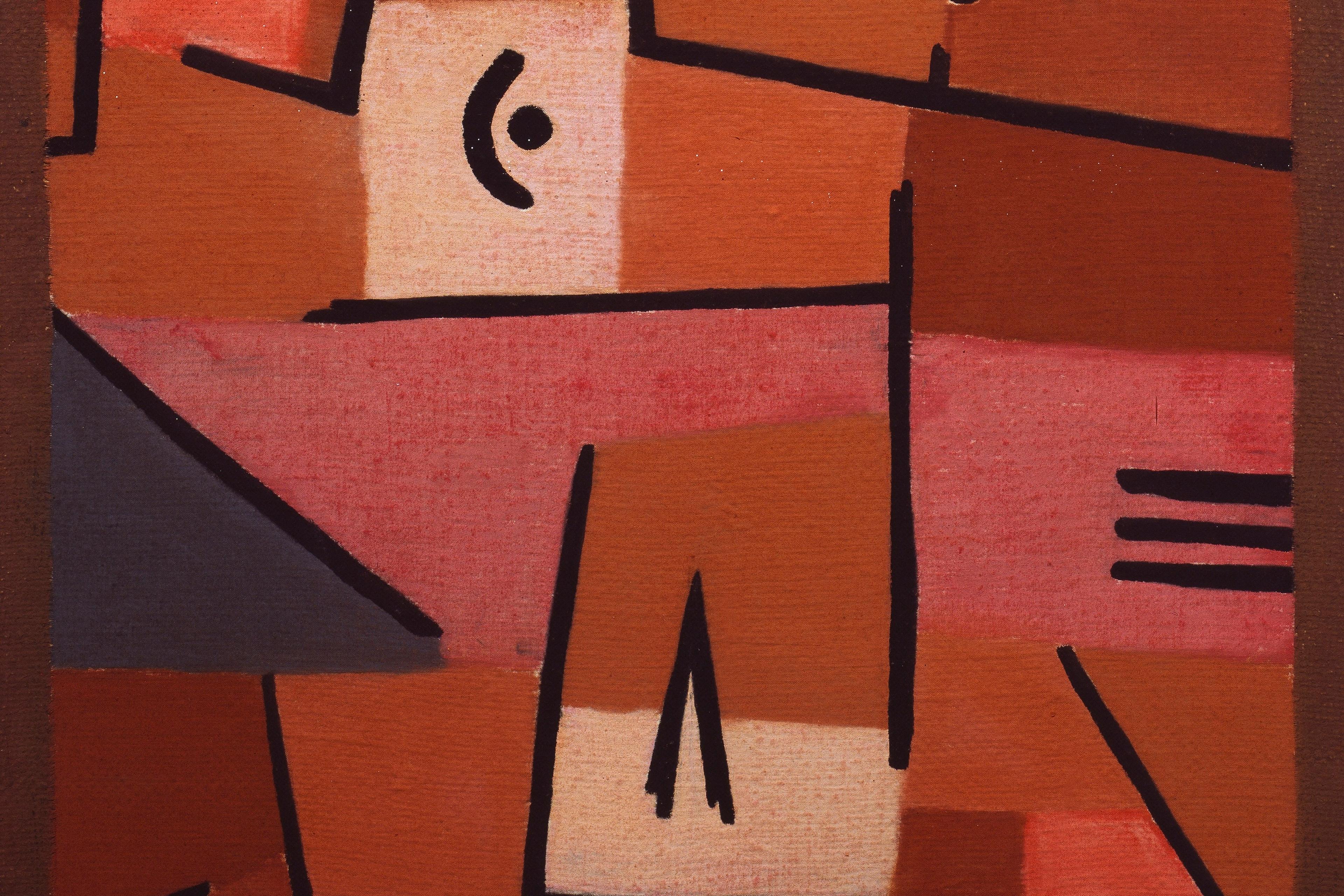 Abstract painting with geometric shapes in red, pink and brown tones featuring bold black lines and accents.