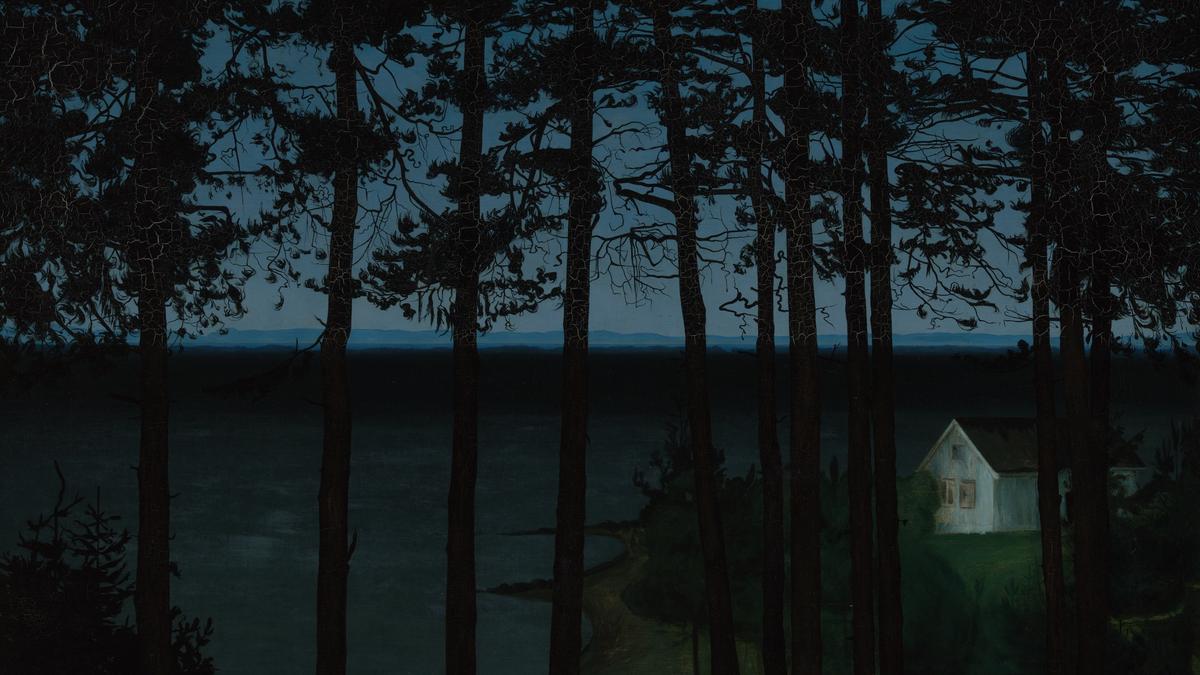 Painting of a forest at night with a small house and dimly lit sky visible through the trees.