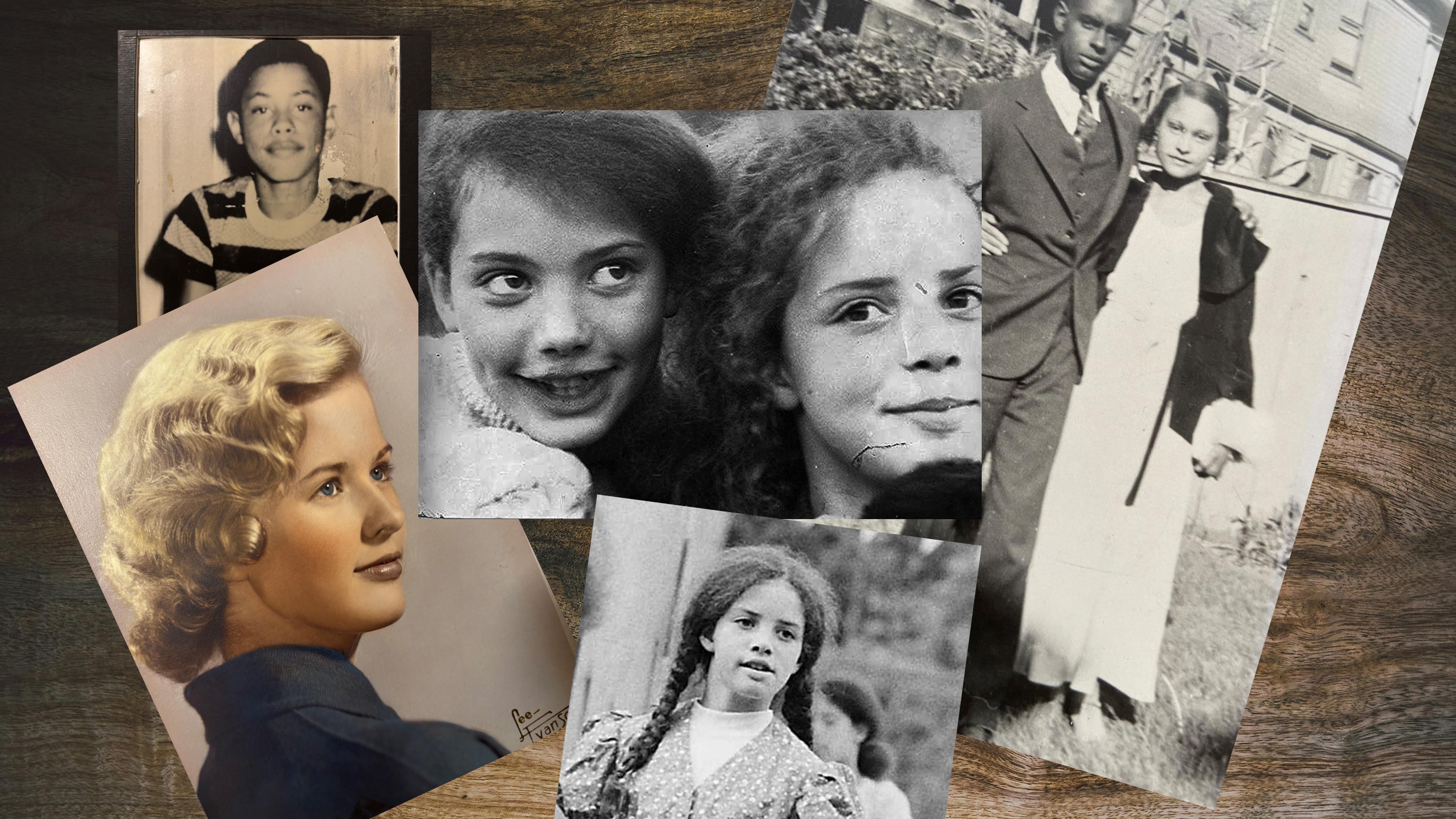 Collage of vintage photos featuring people in various settings on a wooden surface.