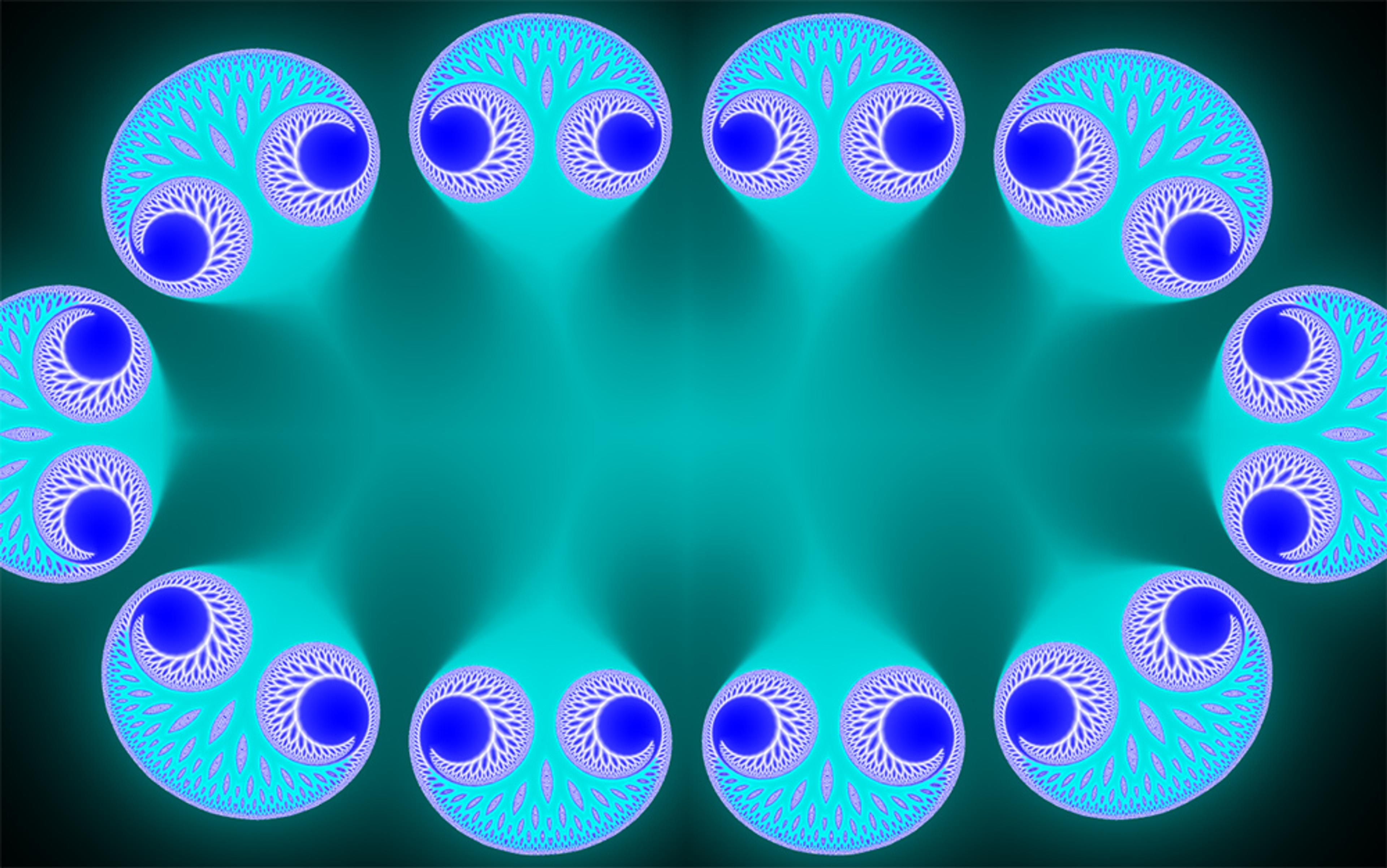 Abstract digital artwork featuring symmetrical, blue fractal patterns with intricate details resembling stylised alien faces against a gradient teal-green background.