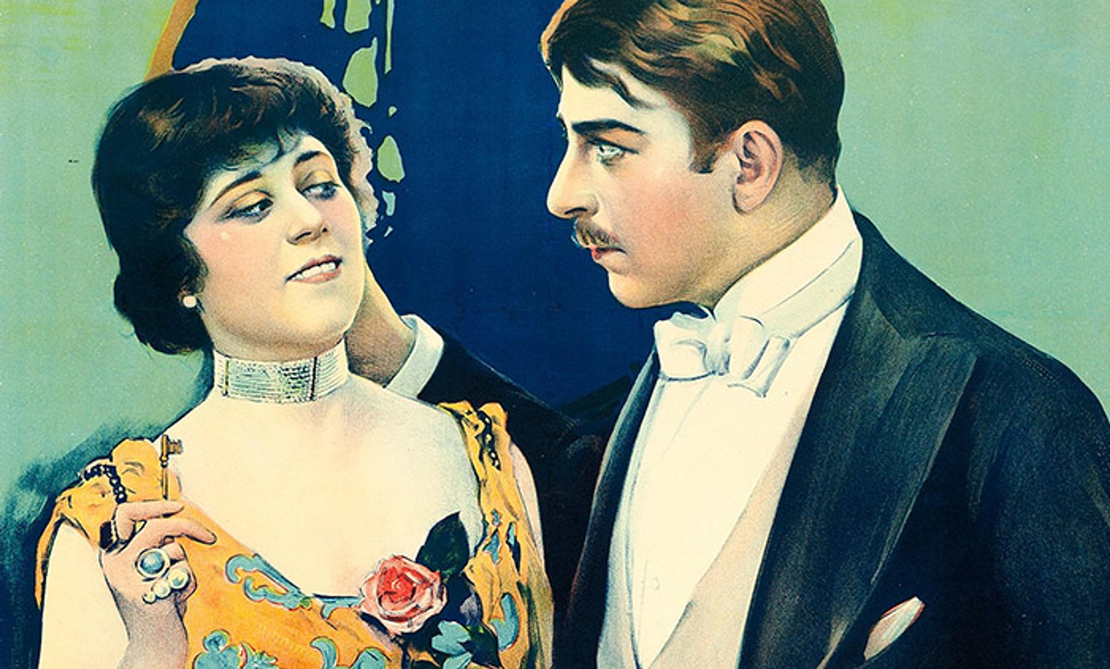 Painting of a man in formal 19th-century attire and a woman in a yellow dress with a rose, both looking at each other against a blue background.