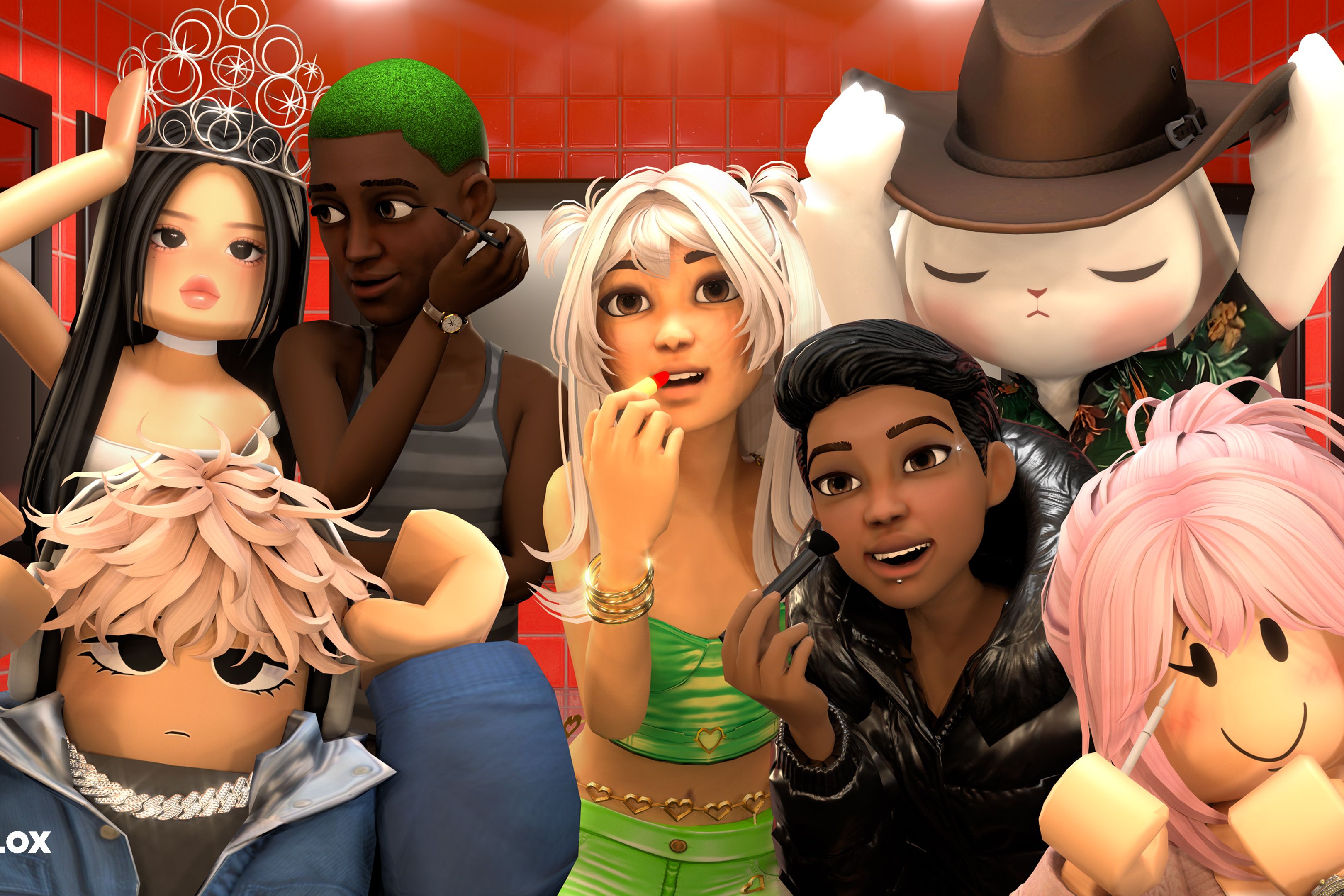 Animated characters posing happily in a red-tiled room, with some applying makeup.