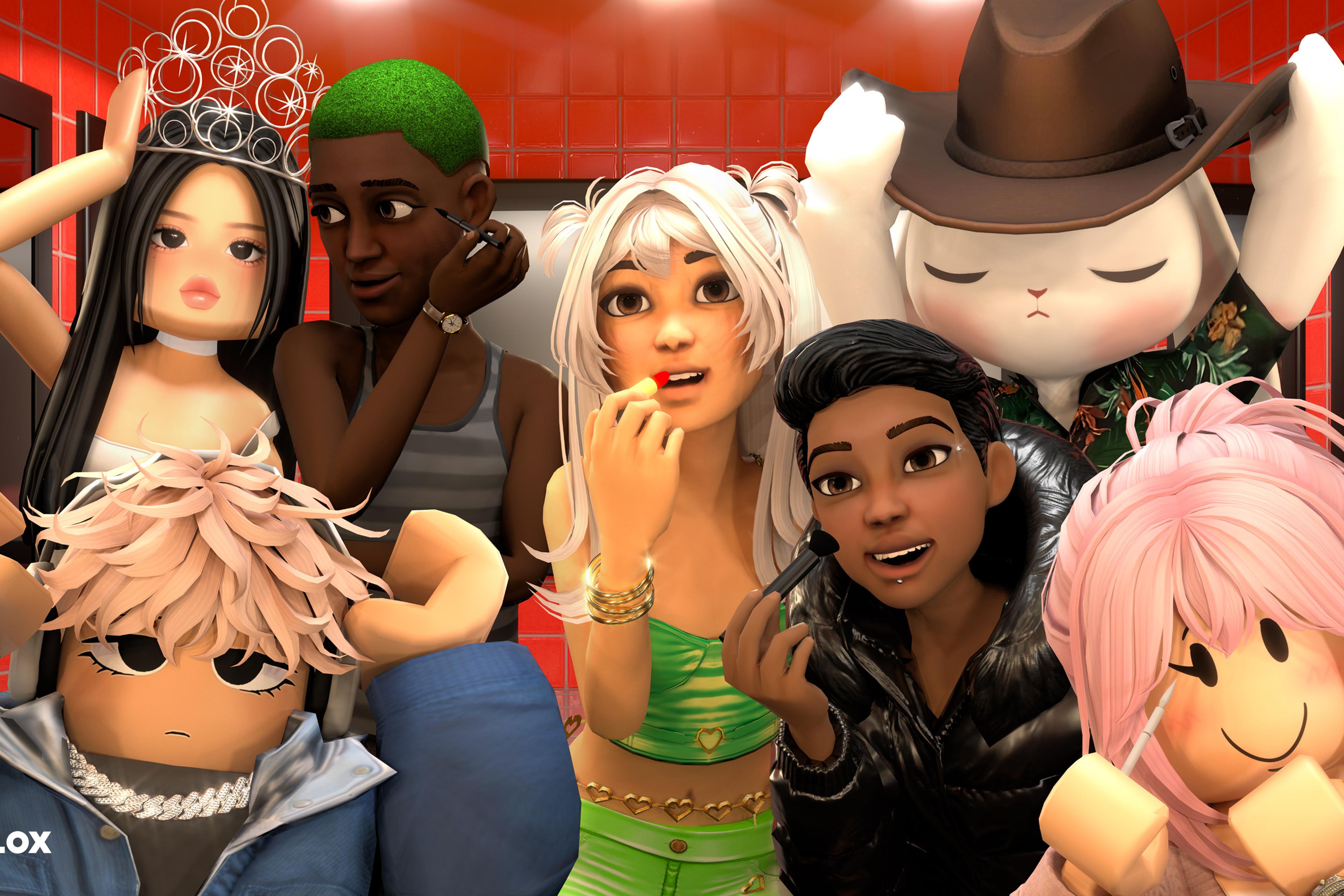 Animated characters posing happily in a red-tiled room, with some applying makeup.