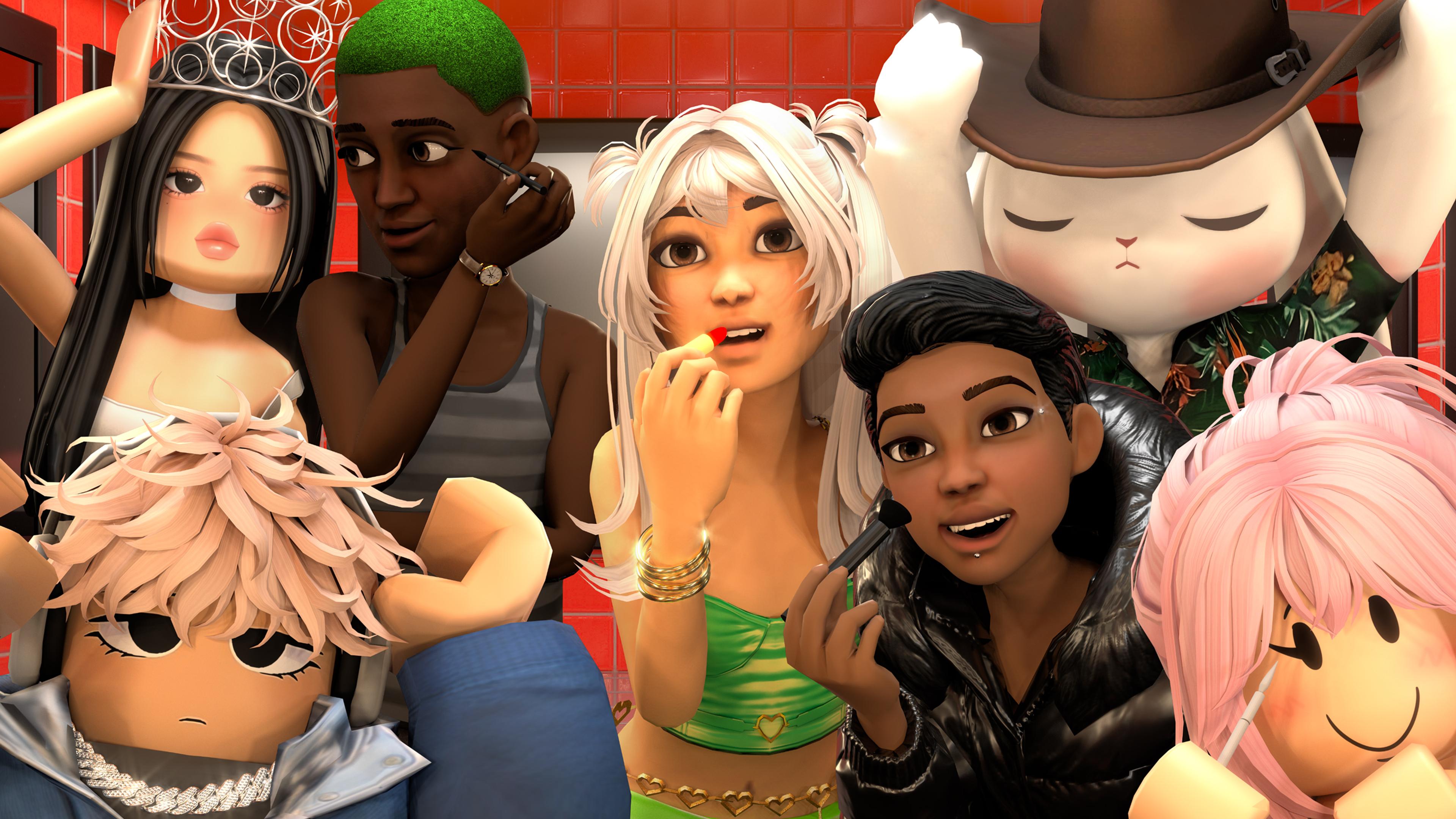 Animated characters posing happily in a red-tiled room, with some applying makeup.