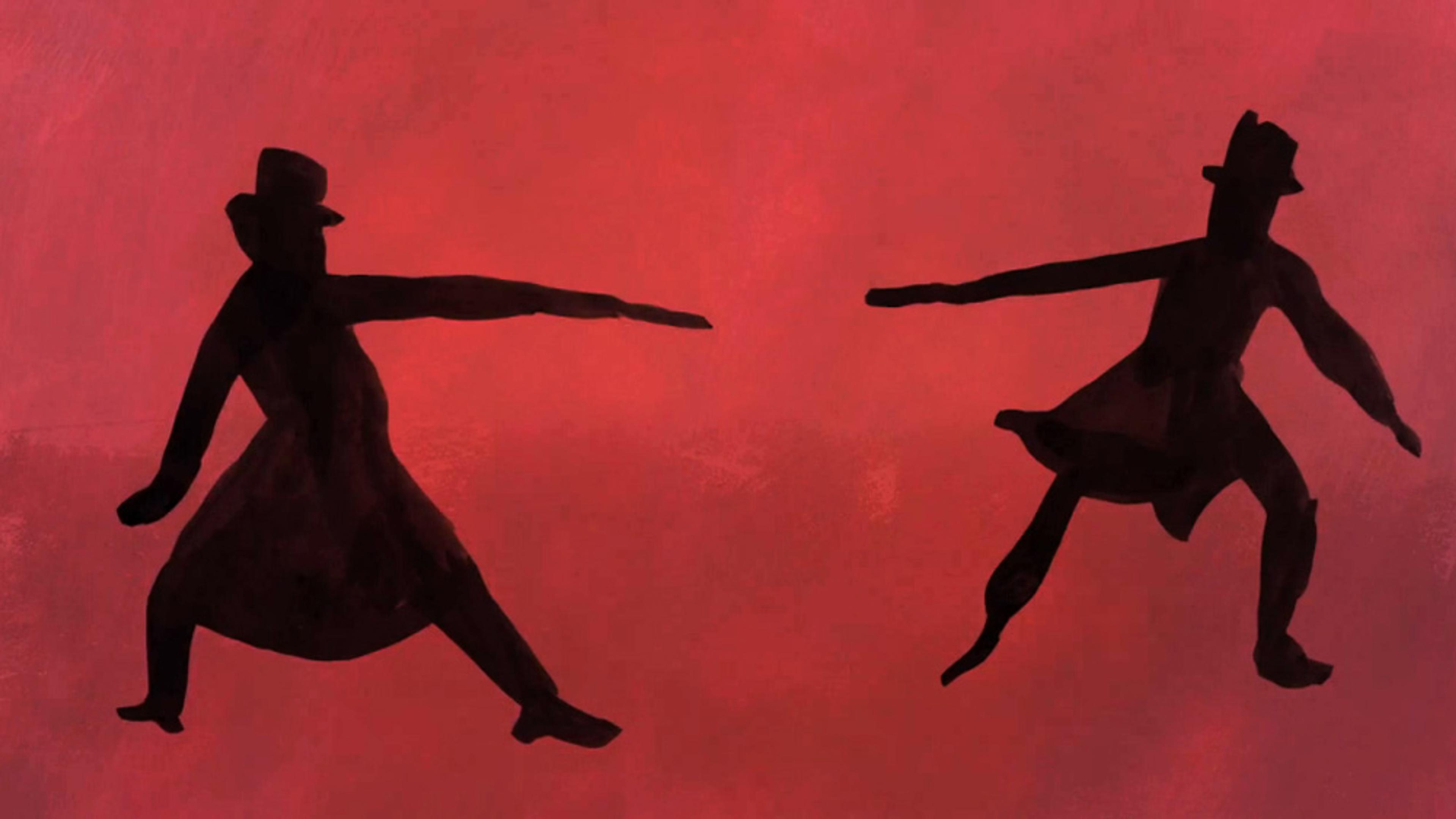 Illustration of two men duelling in hats silhouetted against a gradient red background.