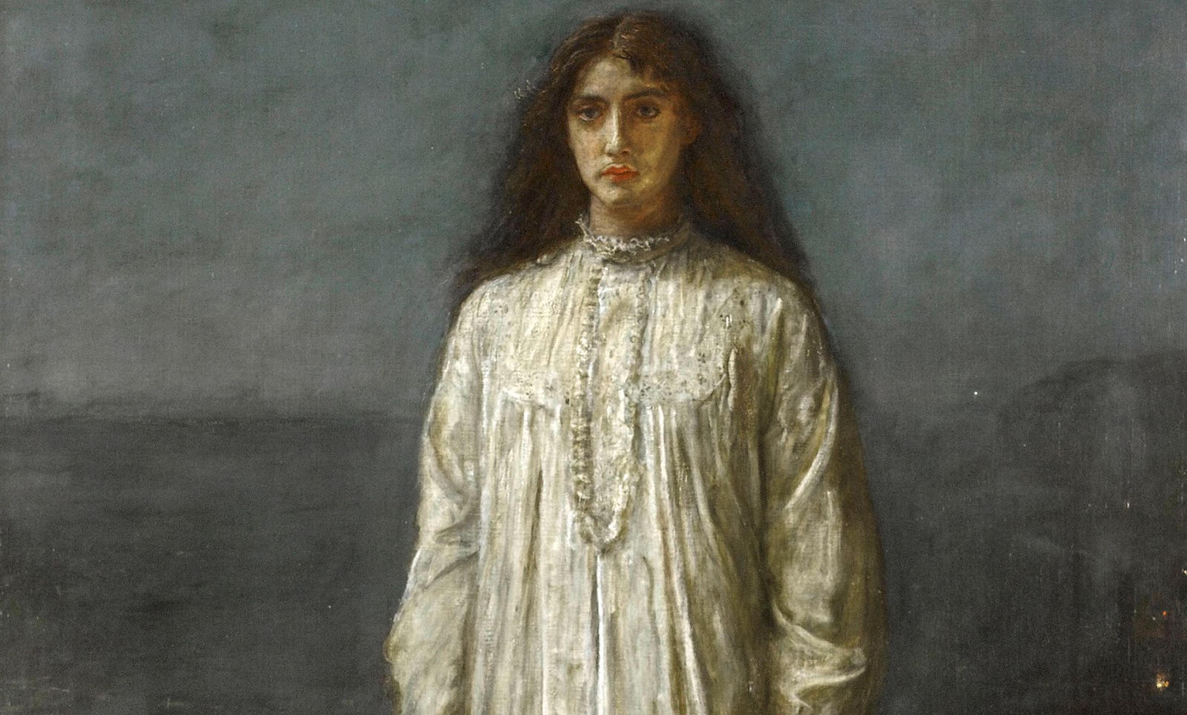 Painting of a solemn woman with long hair wearing a white dress against a dark, plain background. The style is realistic and sombre.