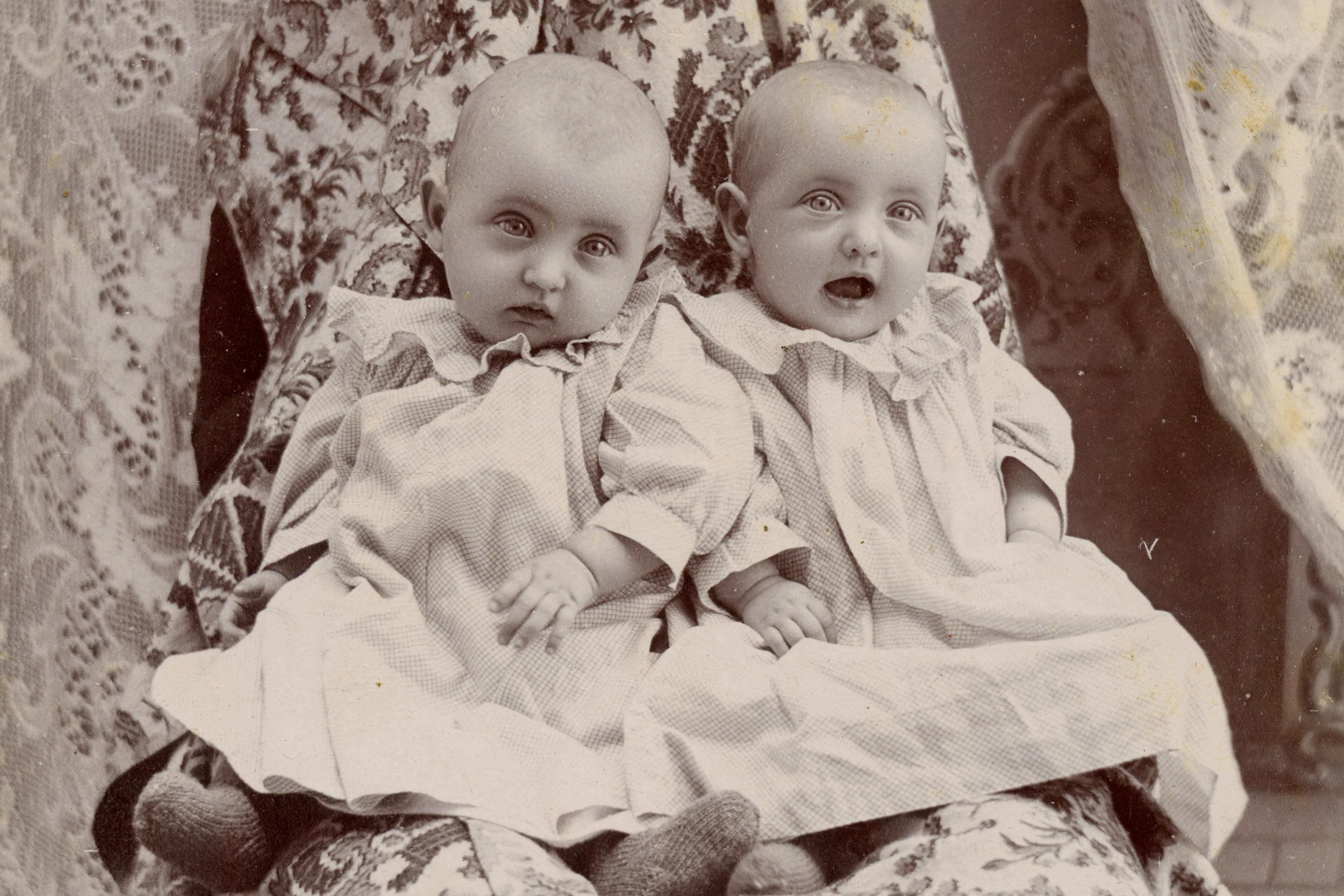 Vintage photo of two babies sitting on a hidden caretaker draped in floral fabric with lace curtain backdrop, Addington, Indiana.