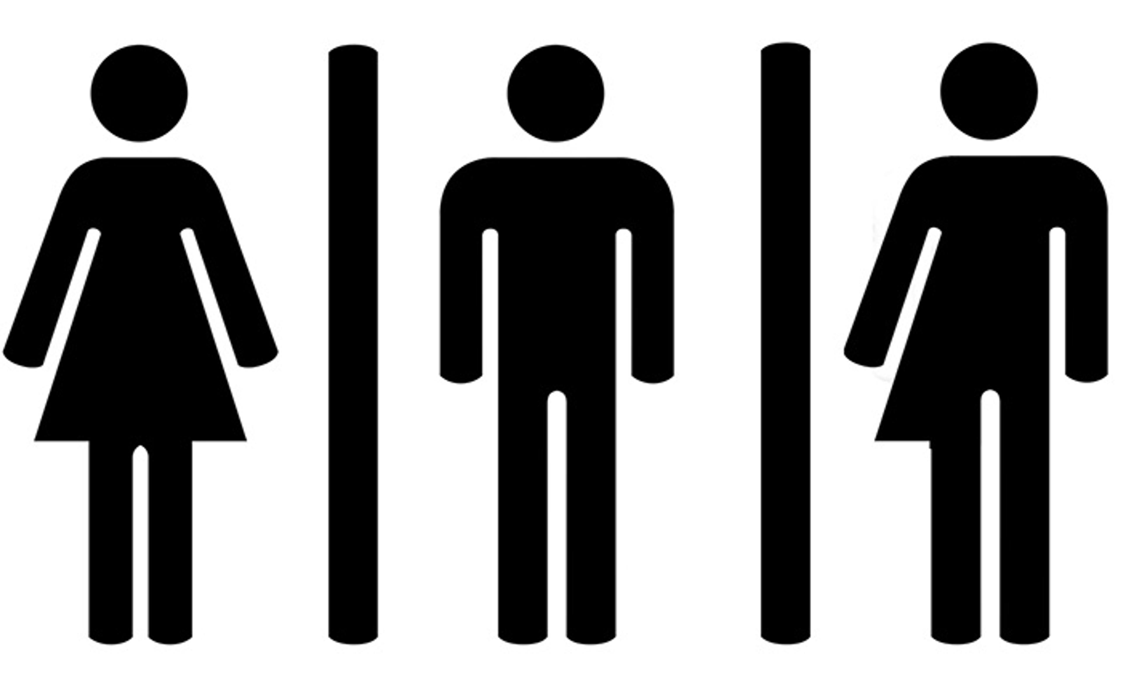 Illustration of three gender symbols separated by lines representing women’s, men’s and gender-neutral restrooms.