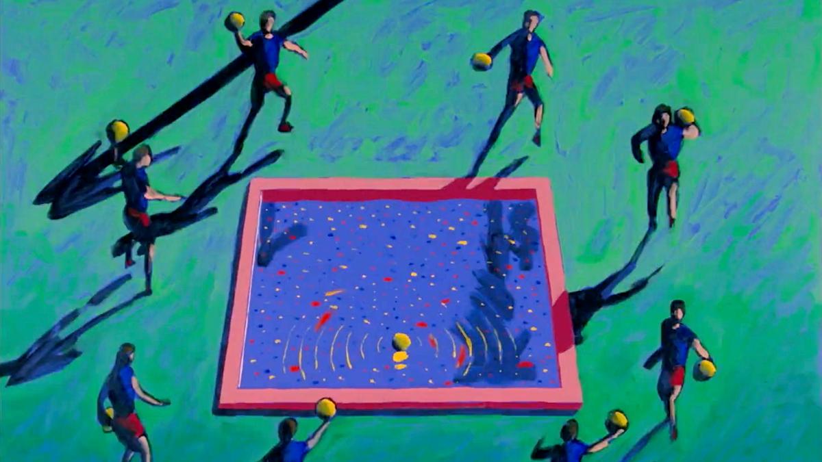 Painting of people playing dodgeball around a square pool with ripples in vibrant colours, long shadows cast on the ground.