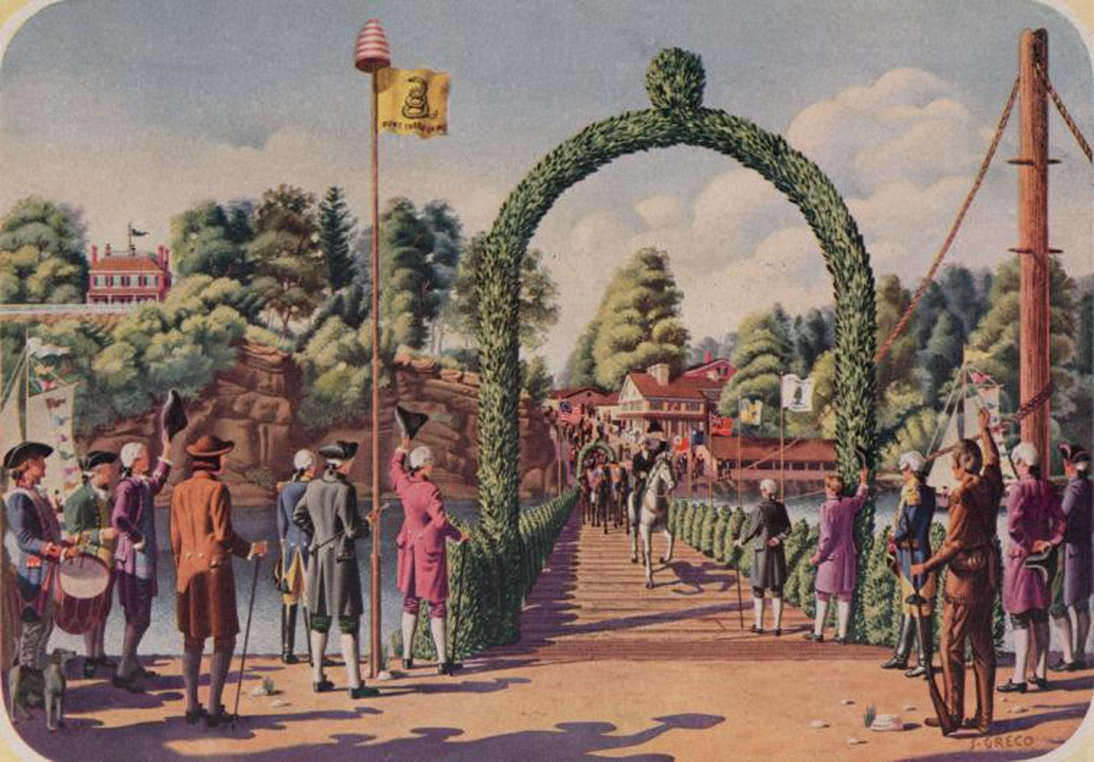 Painting of a historical scene with figures in colonial dress crossing a decorated bridge, surrounded by flags and spectators.