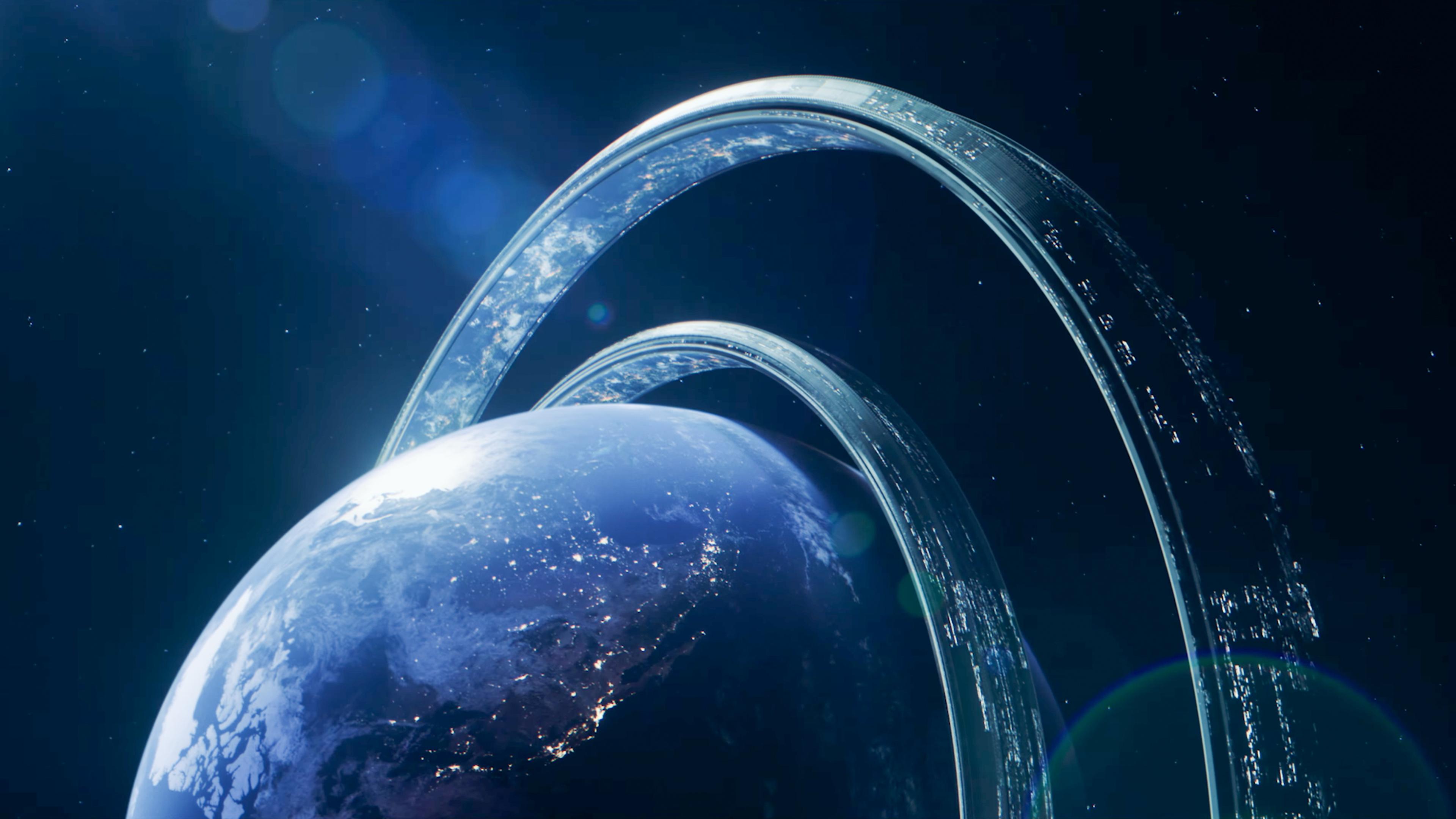 Futuristic digital artwork of Earth with two large transparent rings arching over it in space.