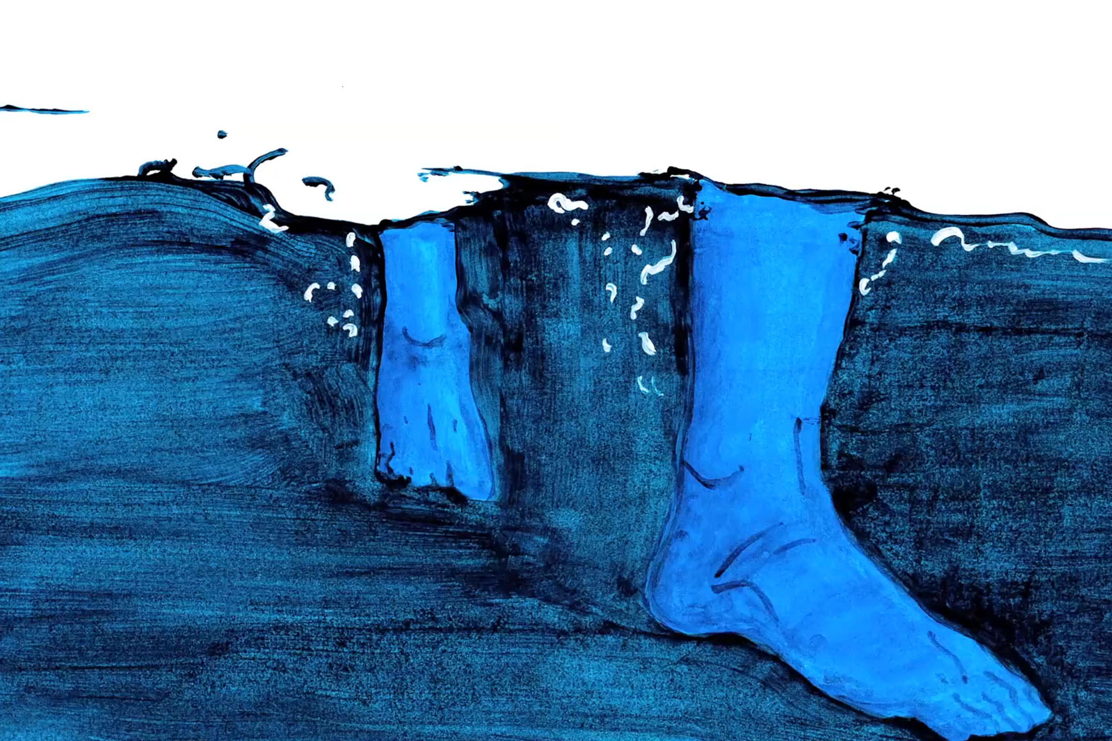 Illustration of legs immersed in water, with the lower half submerged, showing blue hues and ripples on the surface.