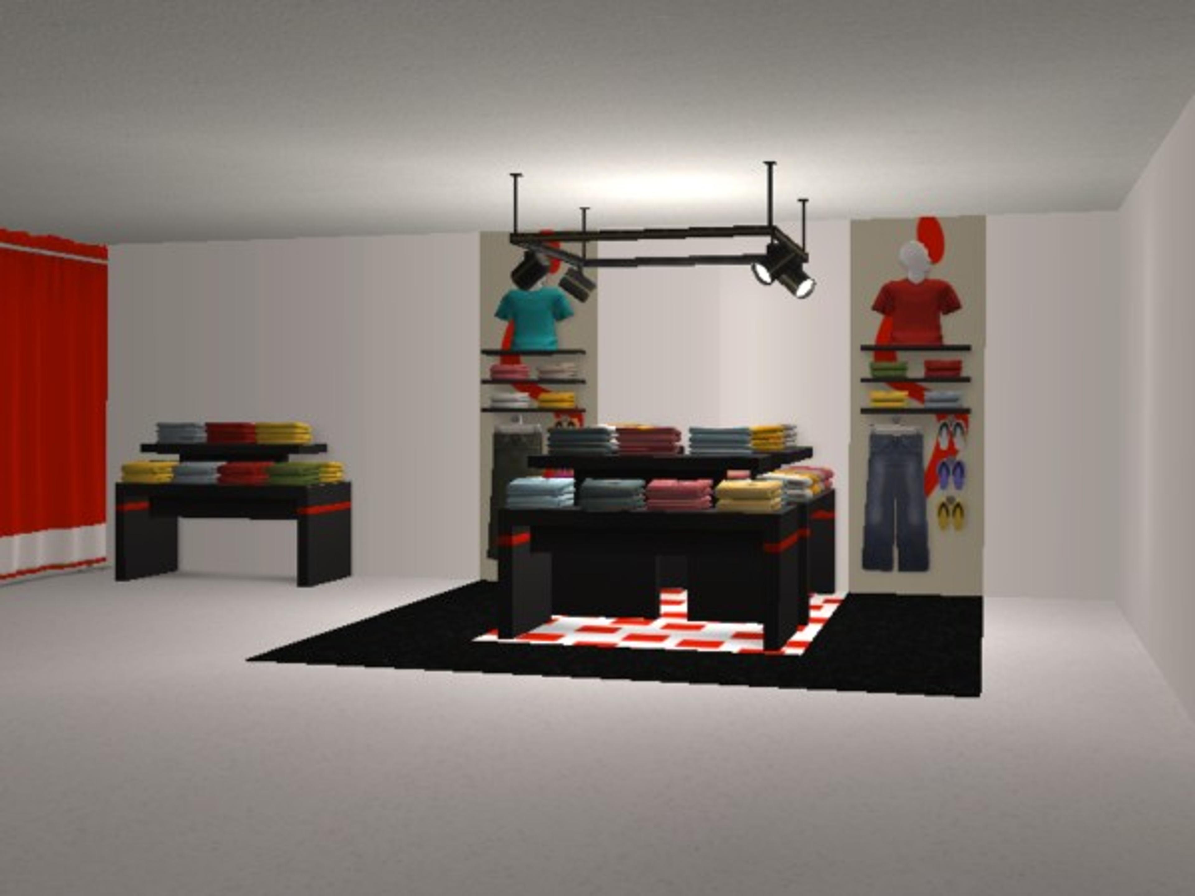 A computer-generated image of the interior of a clothing store