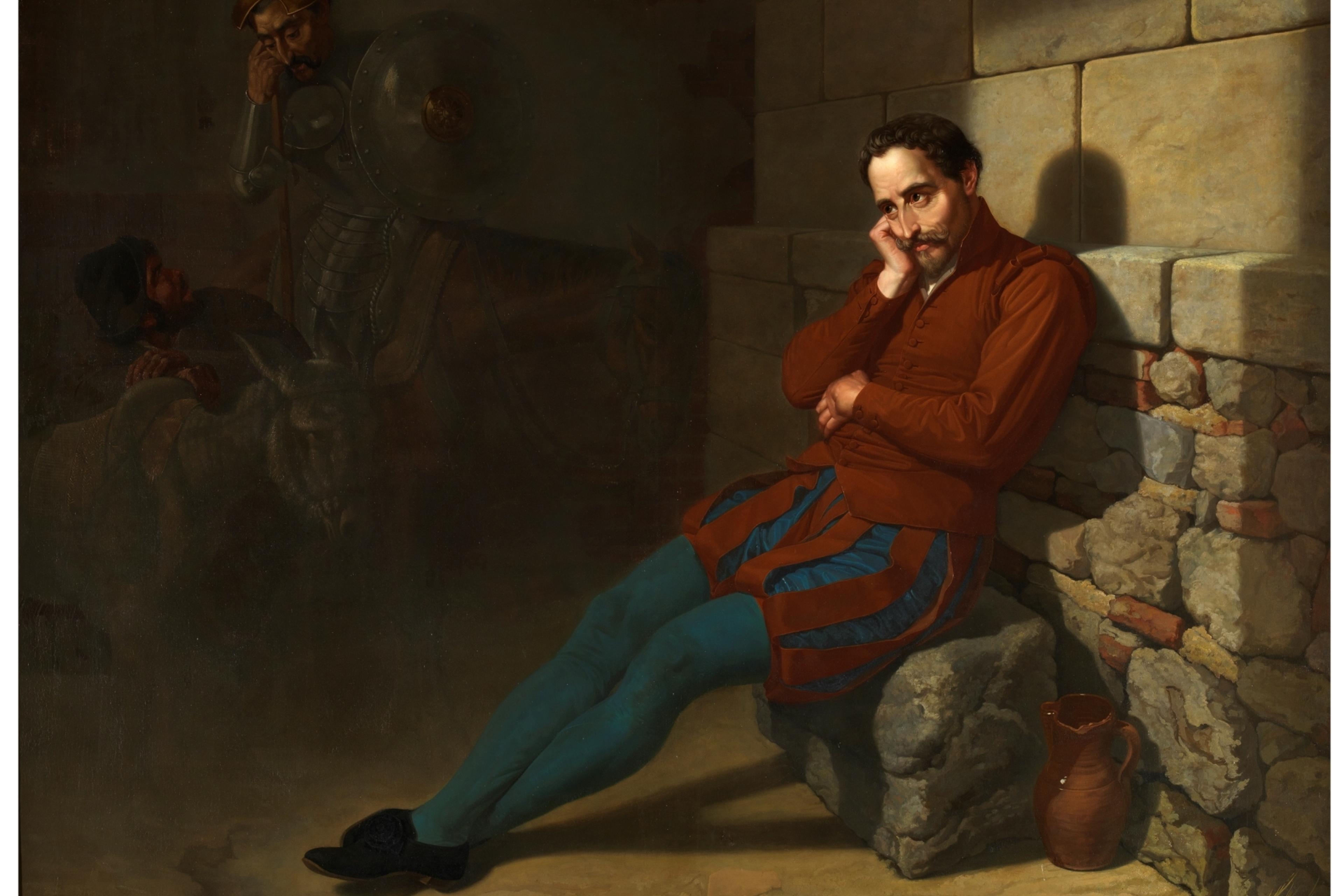 Painting of a man in colourful clothes sitting against a stone wall looking pensive with armour-clad figures in the shadows.